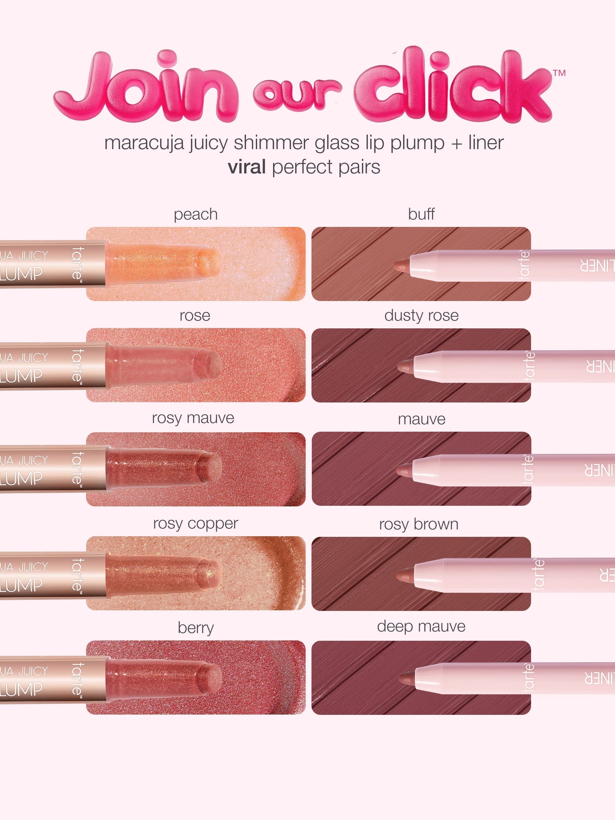 Lip product swatches with color names and 'Join our click' text