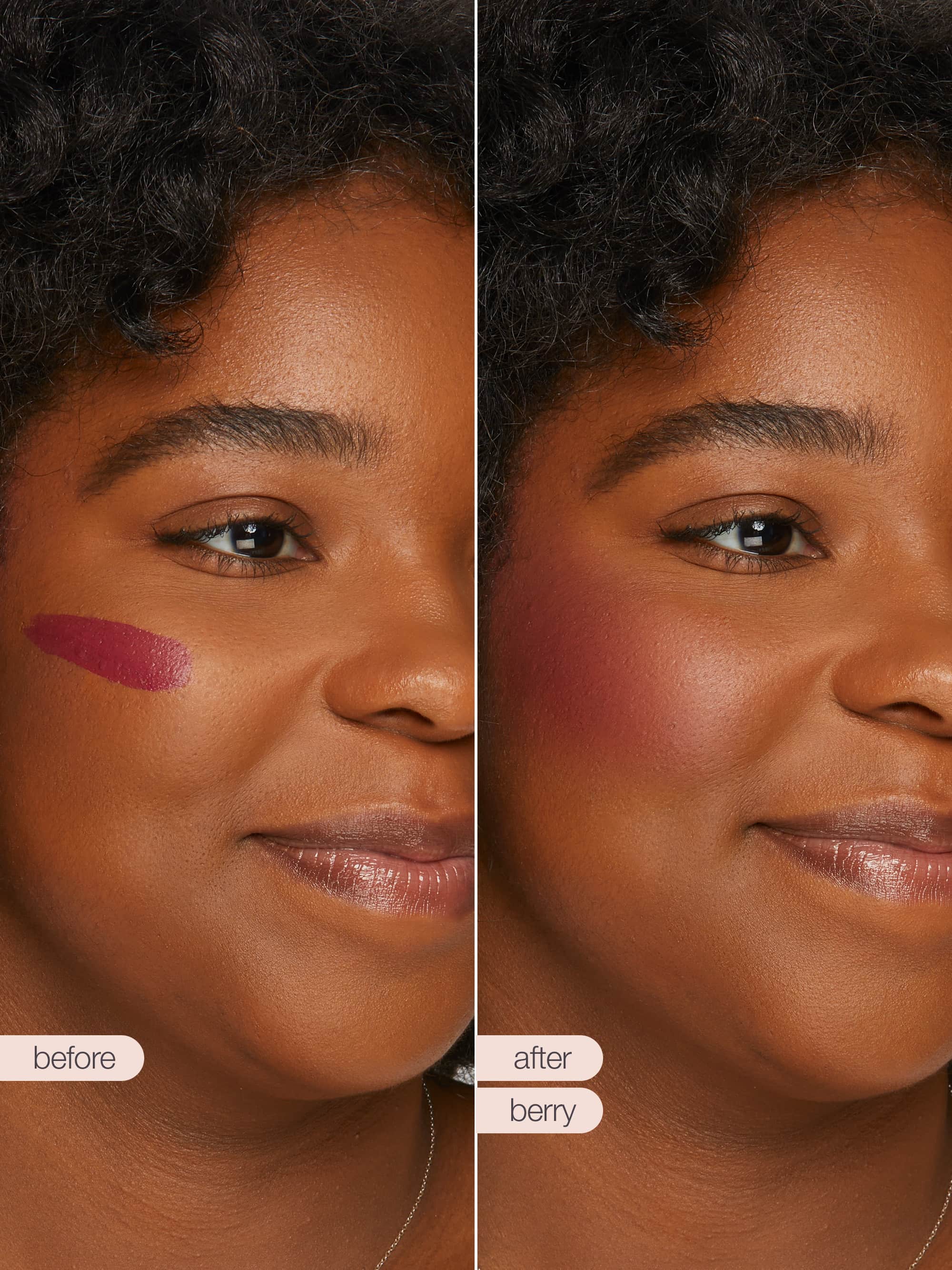 Before and after comparison of a woman's face with maneater™ cream bronze stick application on cheek and lips.