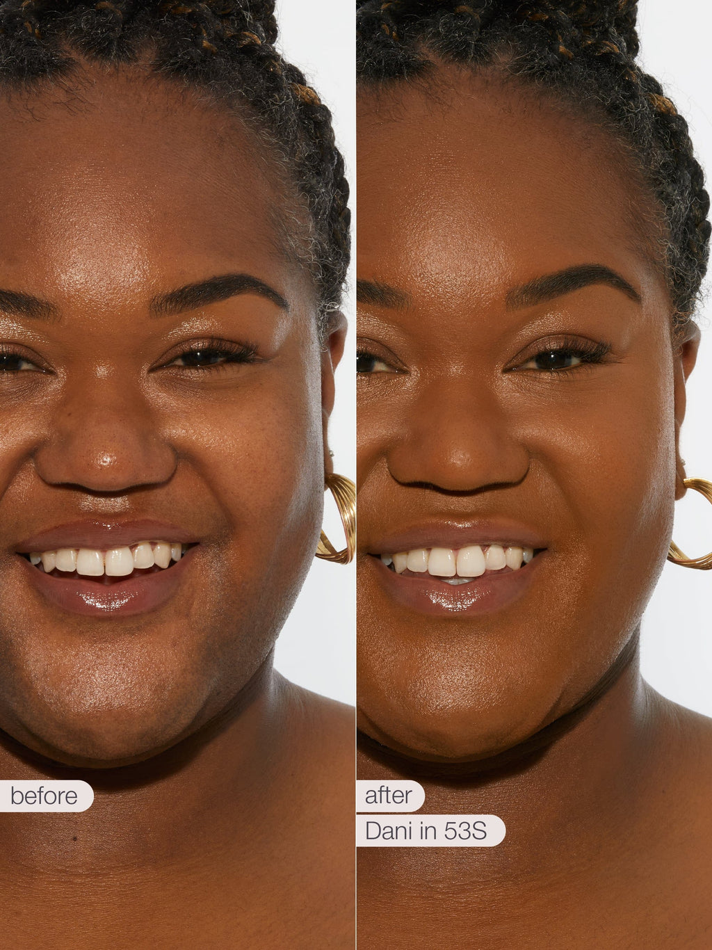 Before and after comparison of a woman's face with visible skin texture differences  tarte creaseless creamy concealer in shade 53S