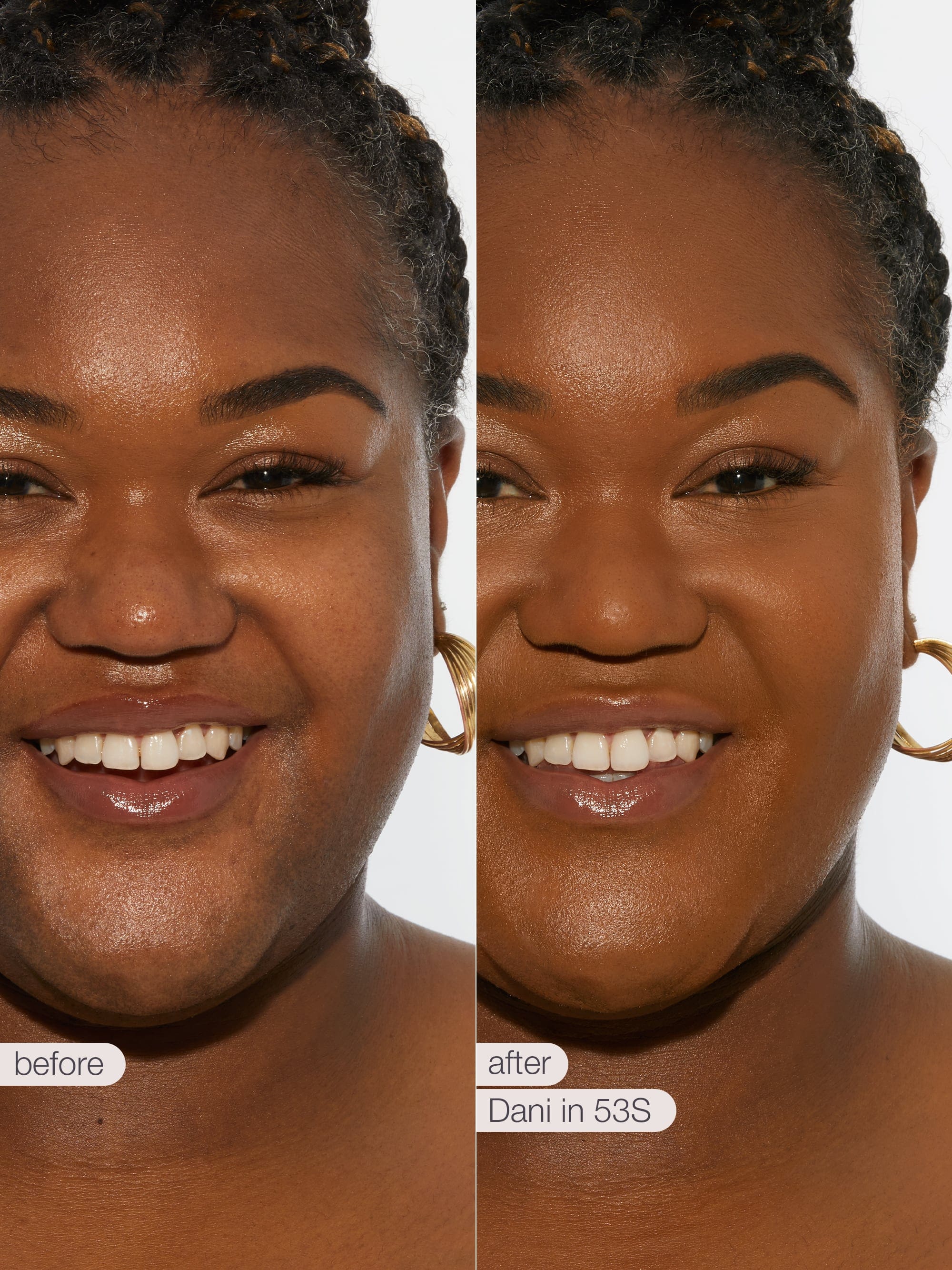 Before and after comparison of a woman's face with visible skin texture differences  tarte creaseless creamy concealer in shade 53S