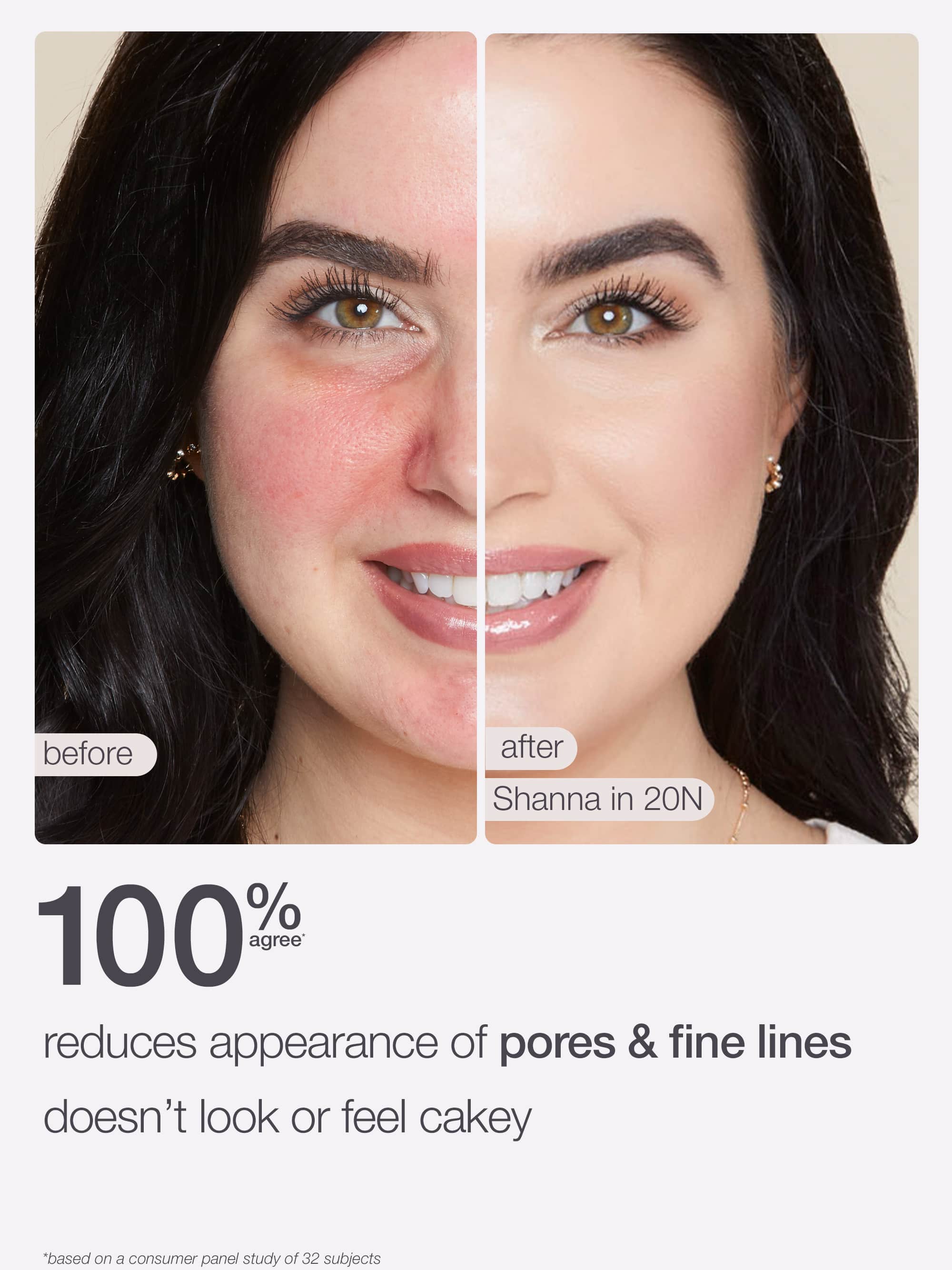 Before and after comparison of a woman's face with text highlighting product effects.