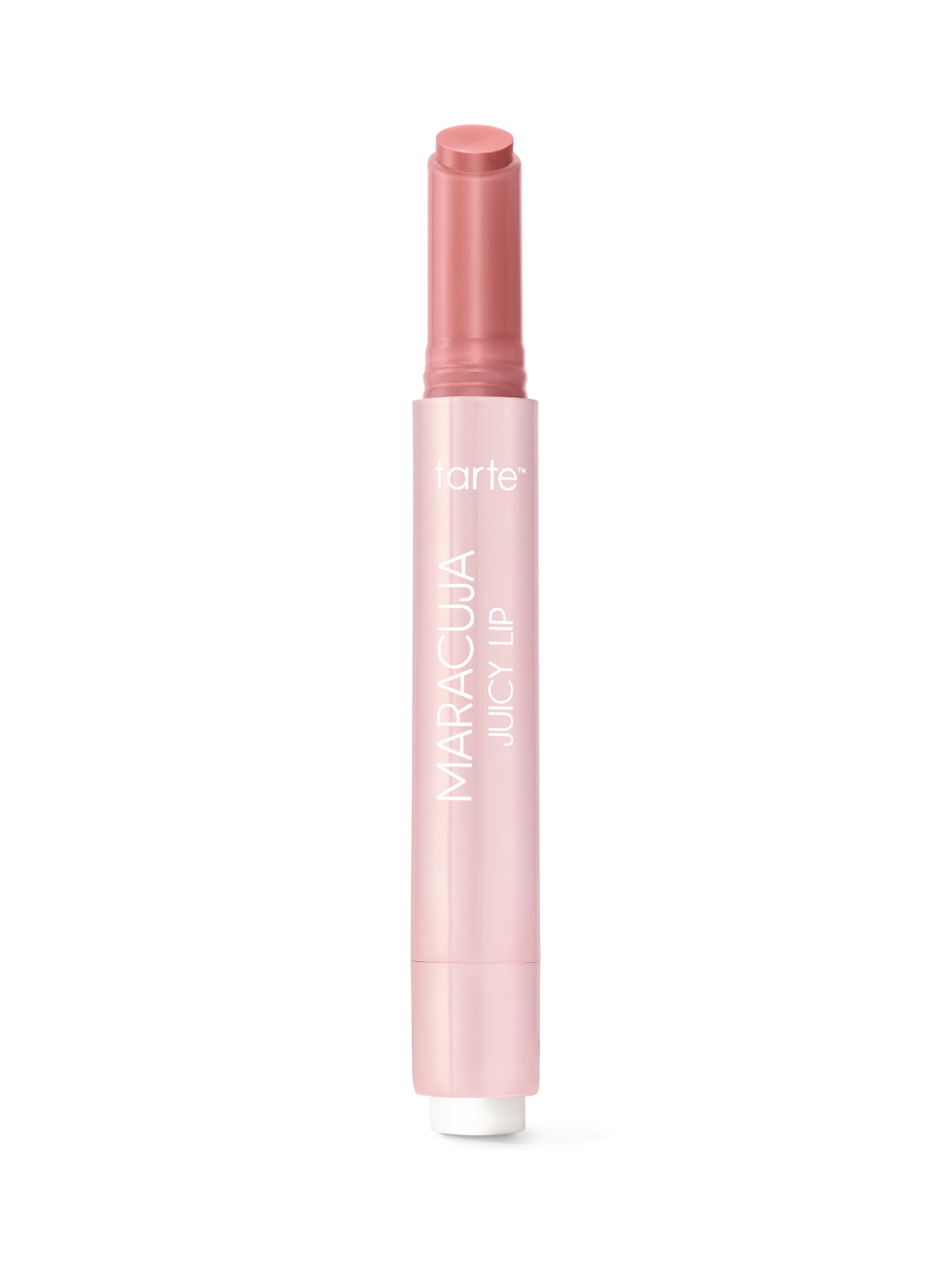 Tarte Maracuja Juicy Lip balm stands upright with cap removed and stick extended against a plain white background. Text on tube: tarte; MARACUJA JUICY LIP.