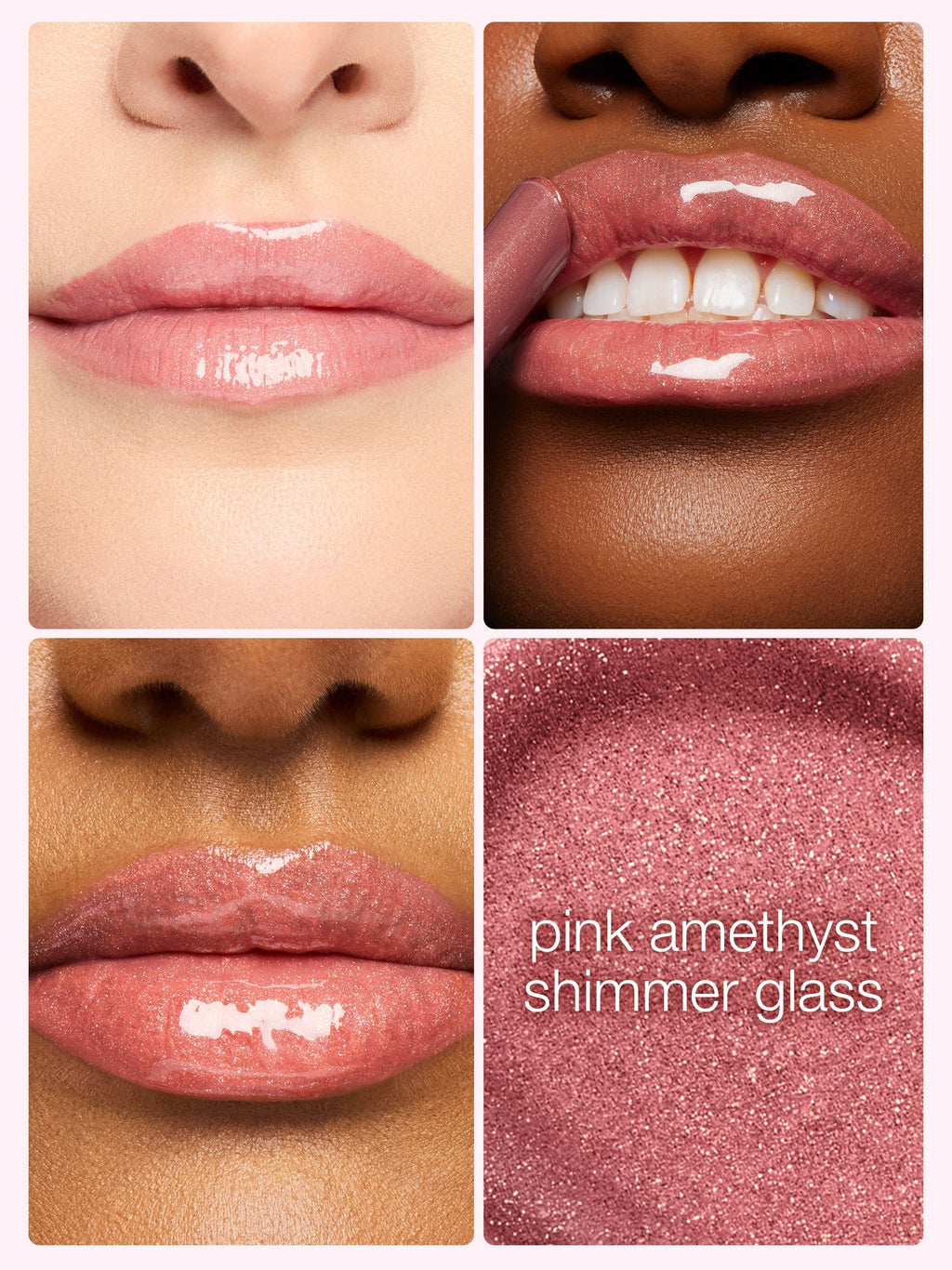 Collage of pink lip gloss on different skin tones with a close-up of the product.