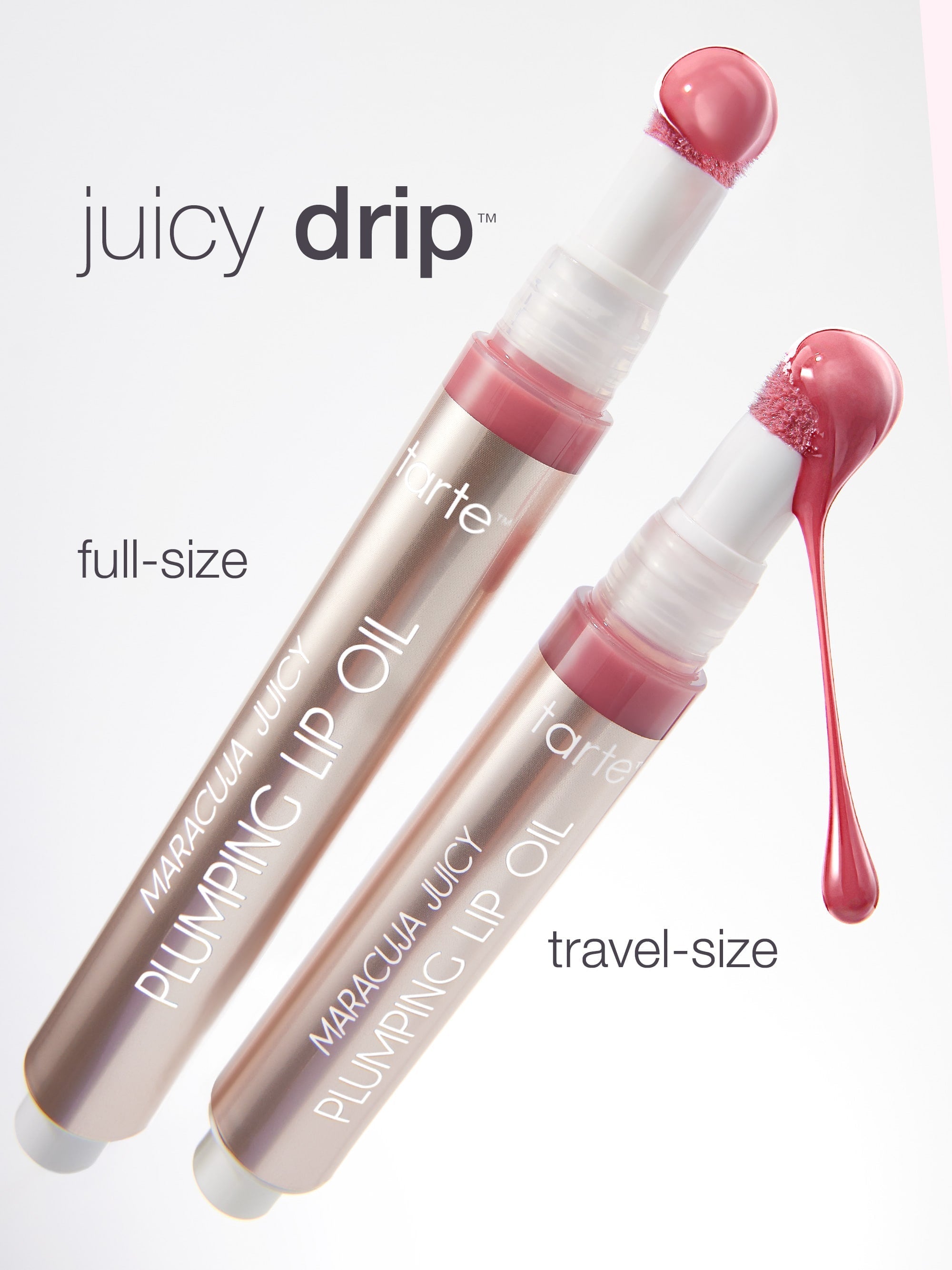 Two lip oil products, one full-size and one travel-size, with 'juicy drip' branding on a white background.