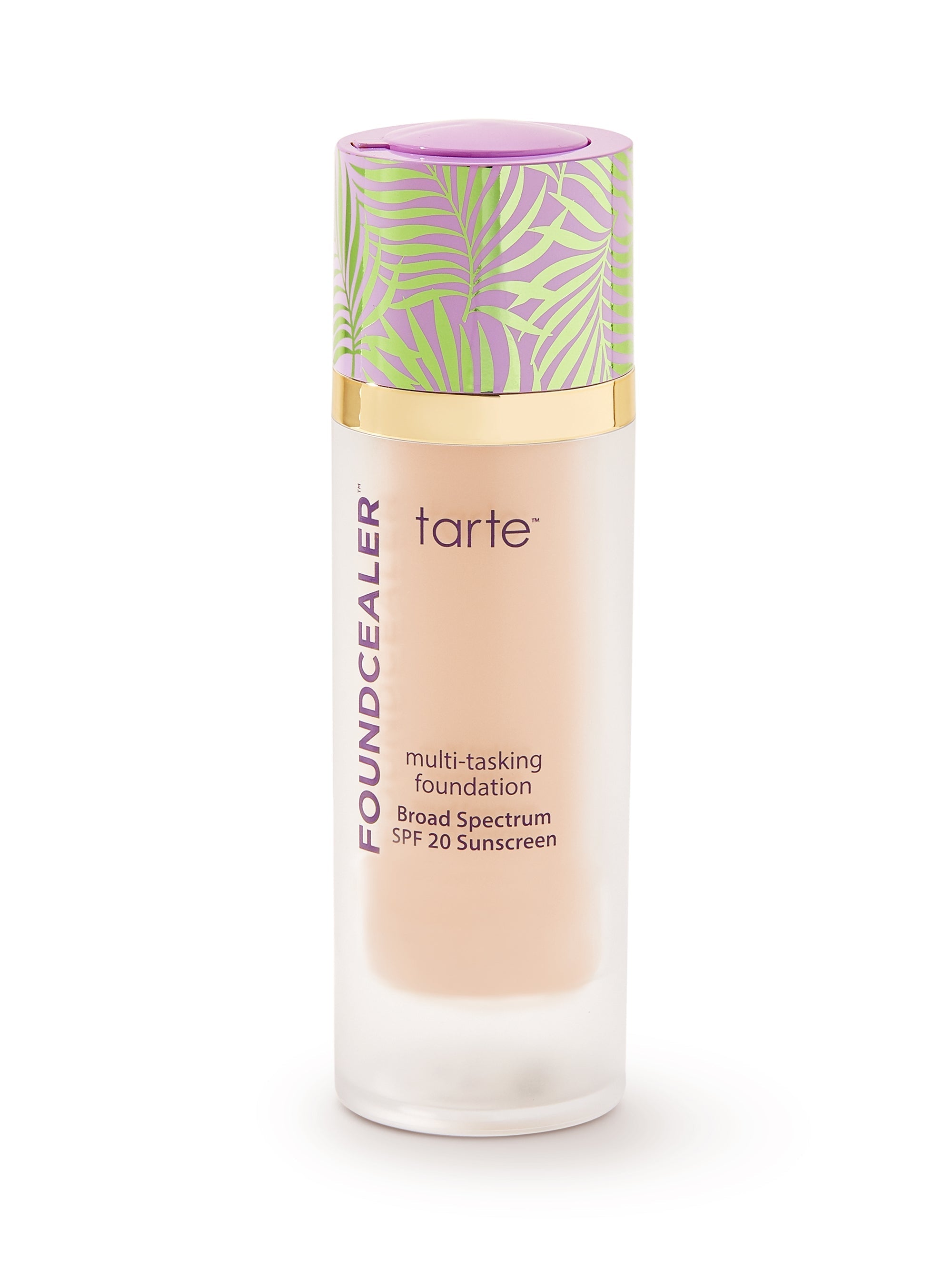 Tarte foundation bottle with colorful cap on a white background