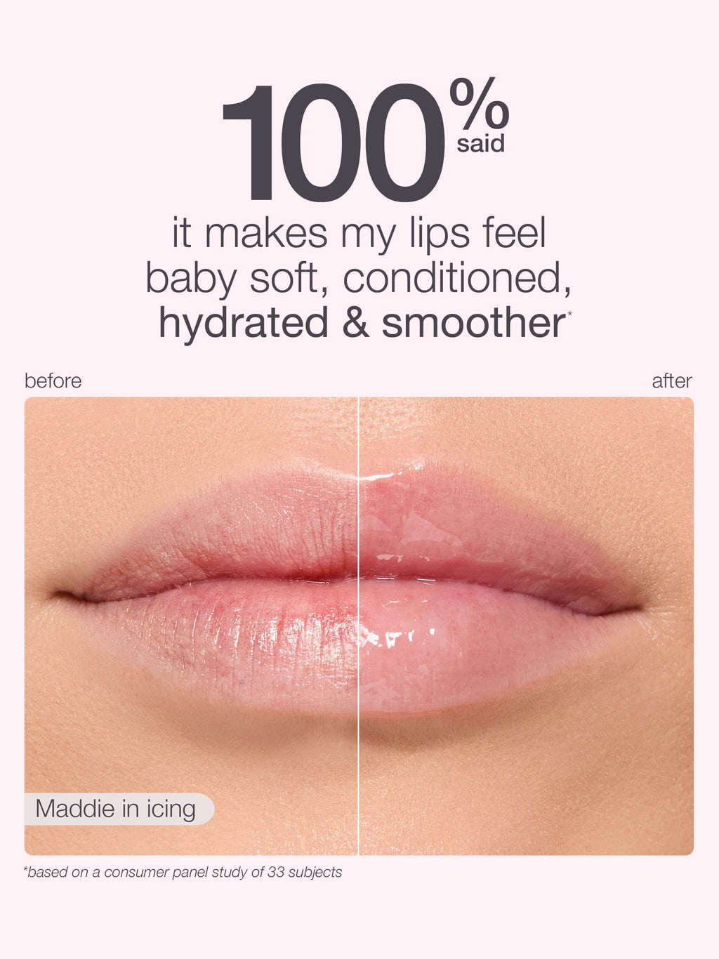 Before and after comparison of lips with text indicating product effectiveness