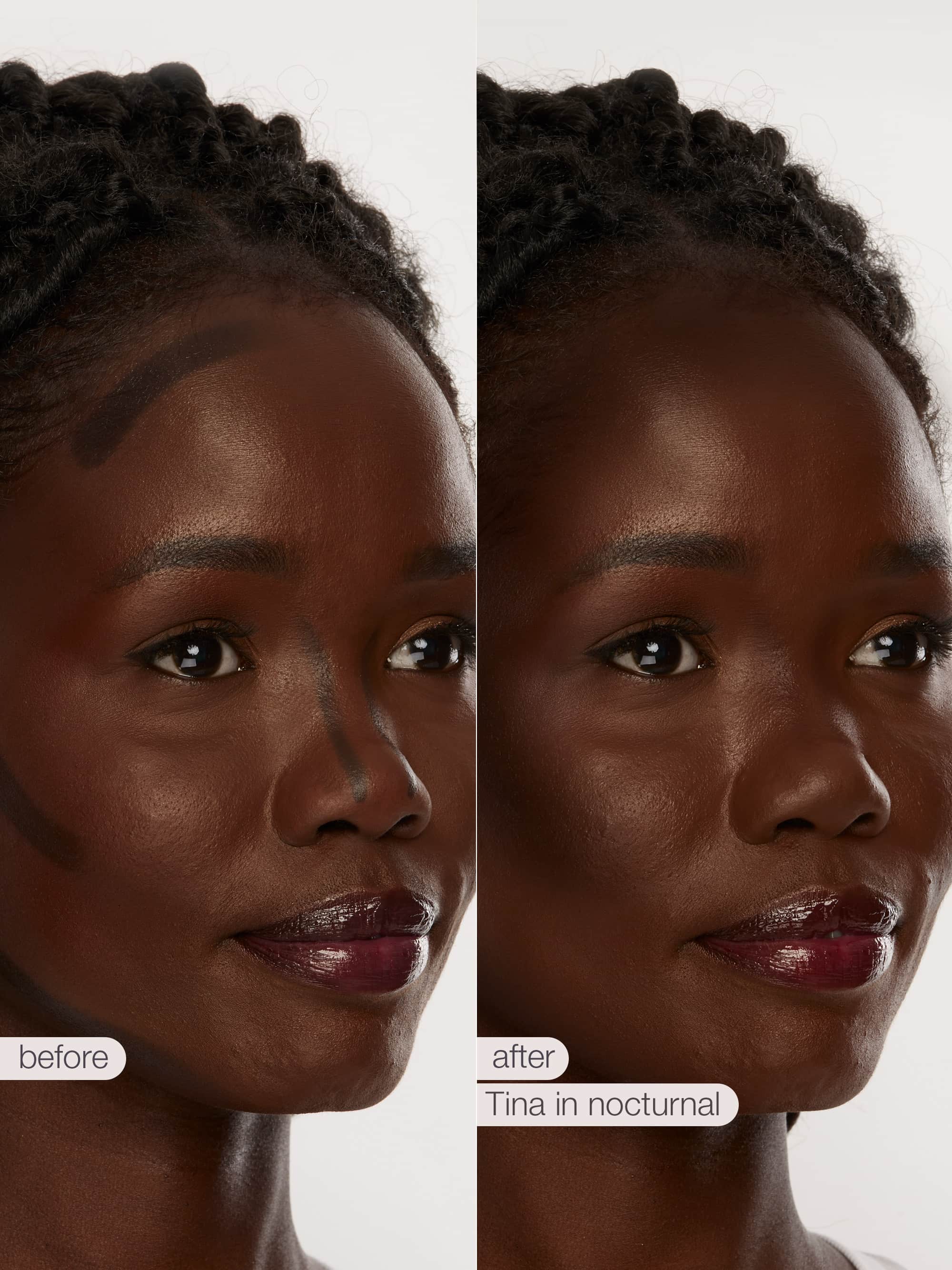 Before and after comparison of a woman's face with 'Tina in nocturnal' in maneater silk stick bronzer