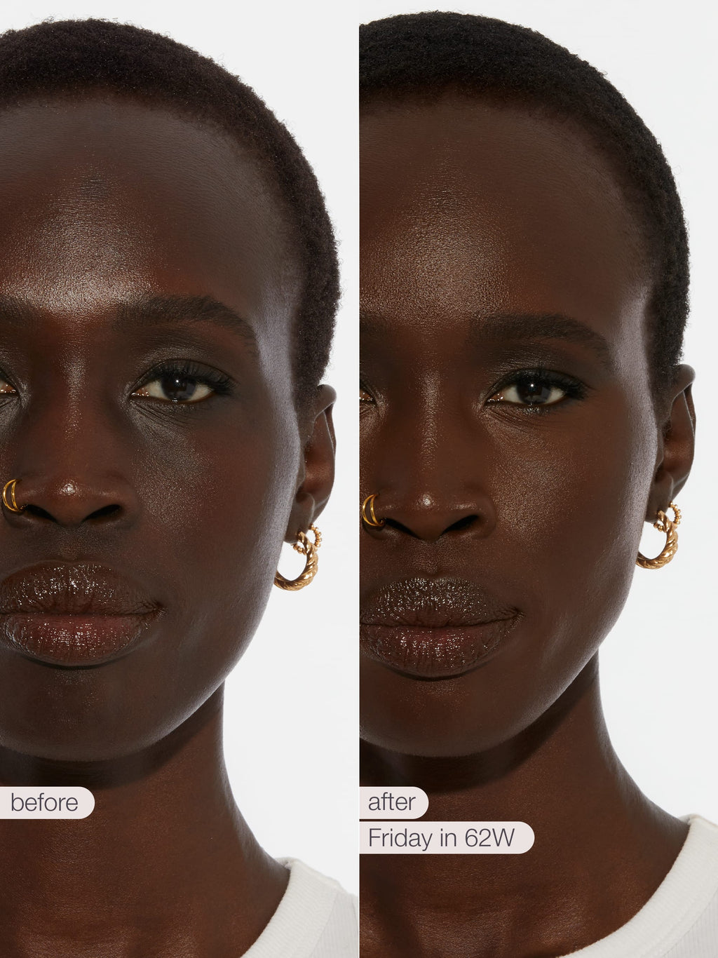 Before and after comparison of a woman's face with   tarte creaseless creamy concealer in shade 'Friday in 62W'.
