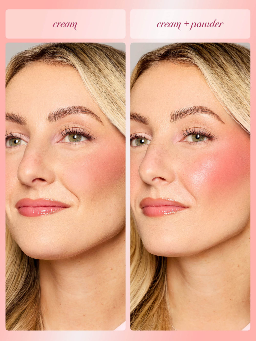 Woman's face shown in a split-screen close-up, left with cream blush and right with cream plus powder, highlighting differences in sheen and texture; labels at top read: cream; cream + powder