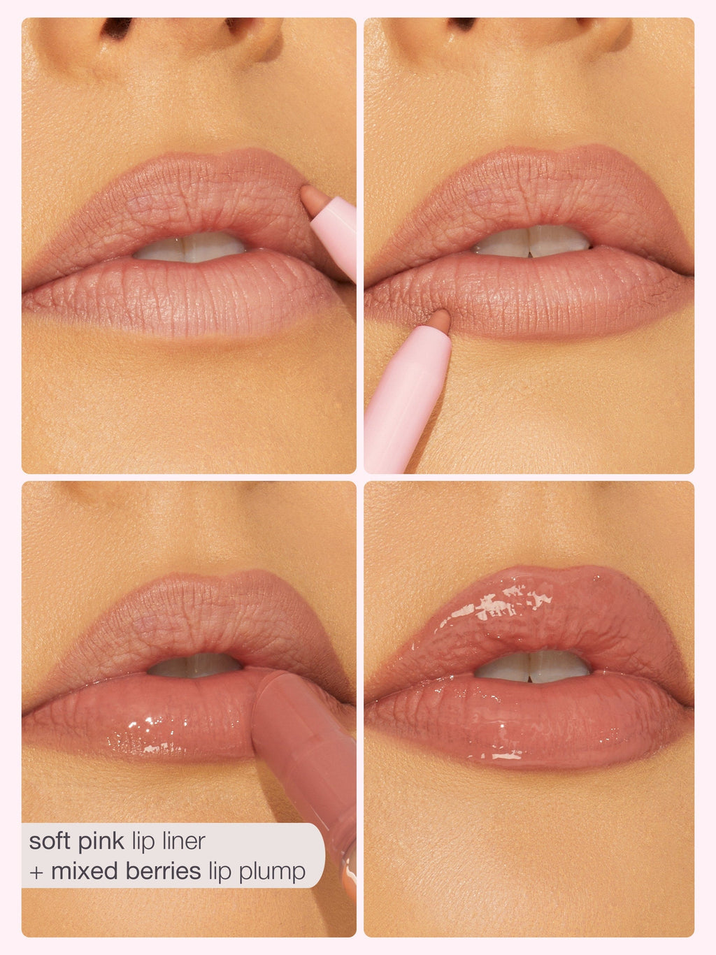 Collage of lips with soft pink lip liner and mixed berries lip plump on a beige background.