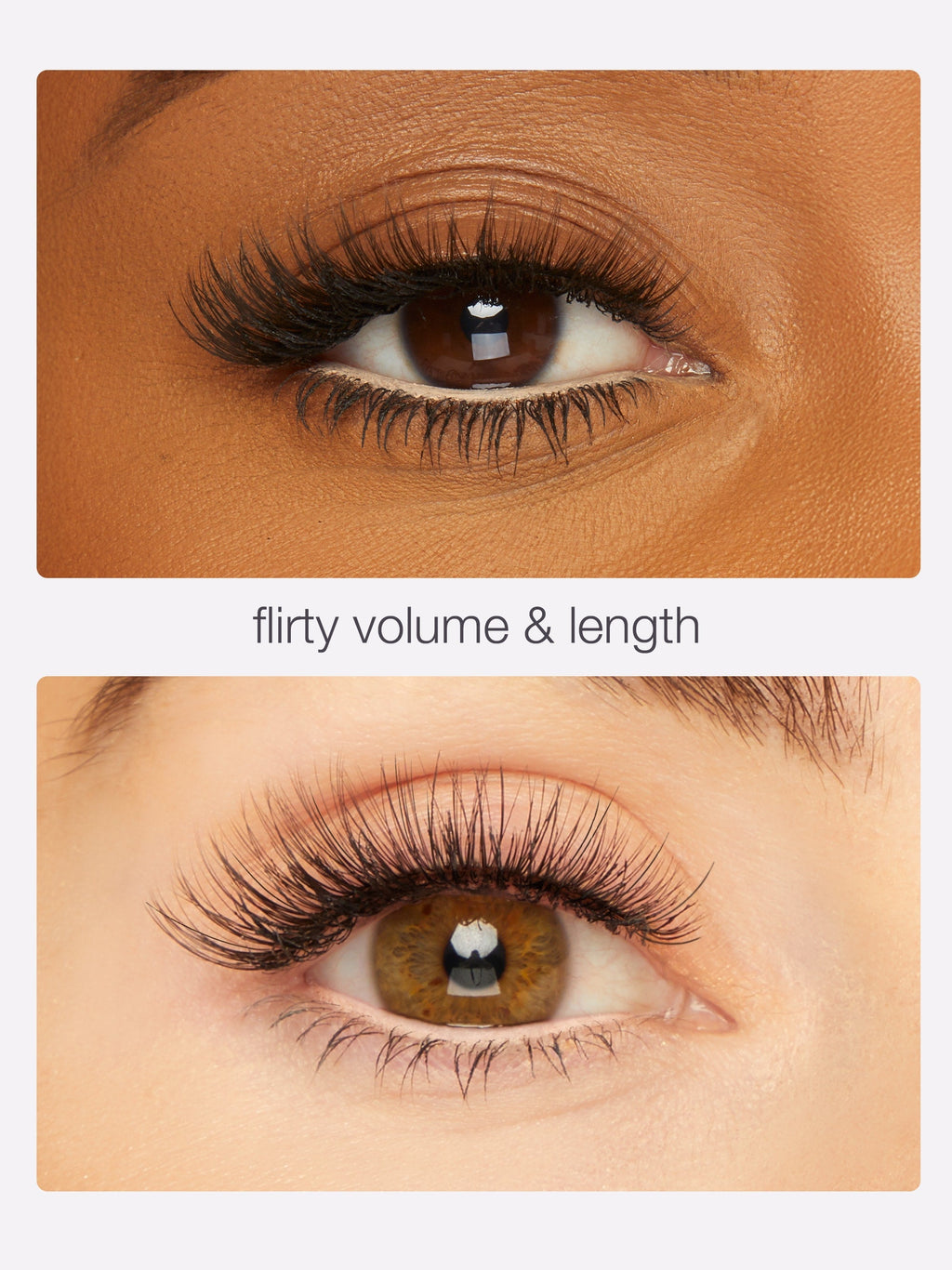 Close-up of an eye with false eyelashes labeled 'flirty volume & length' on a beige background.