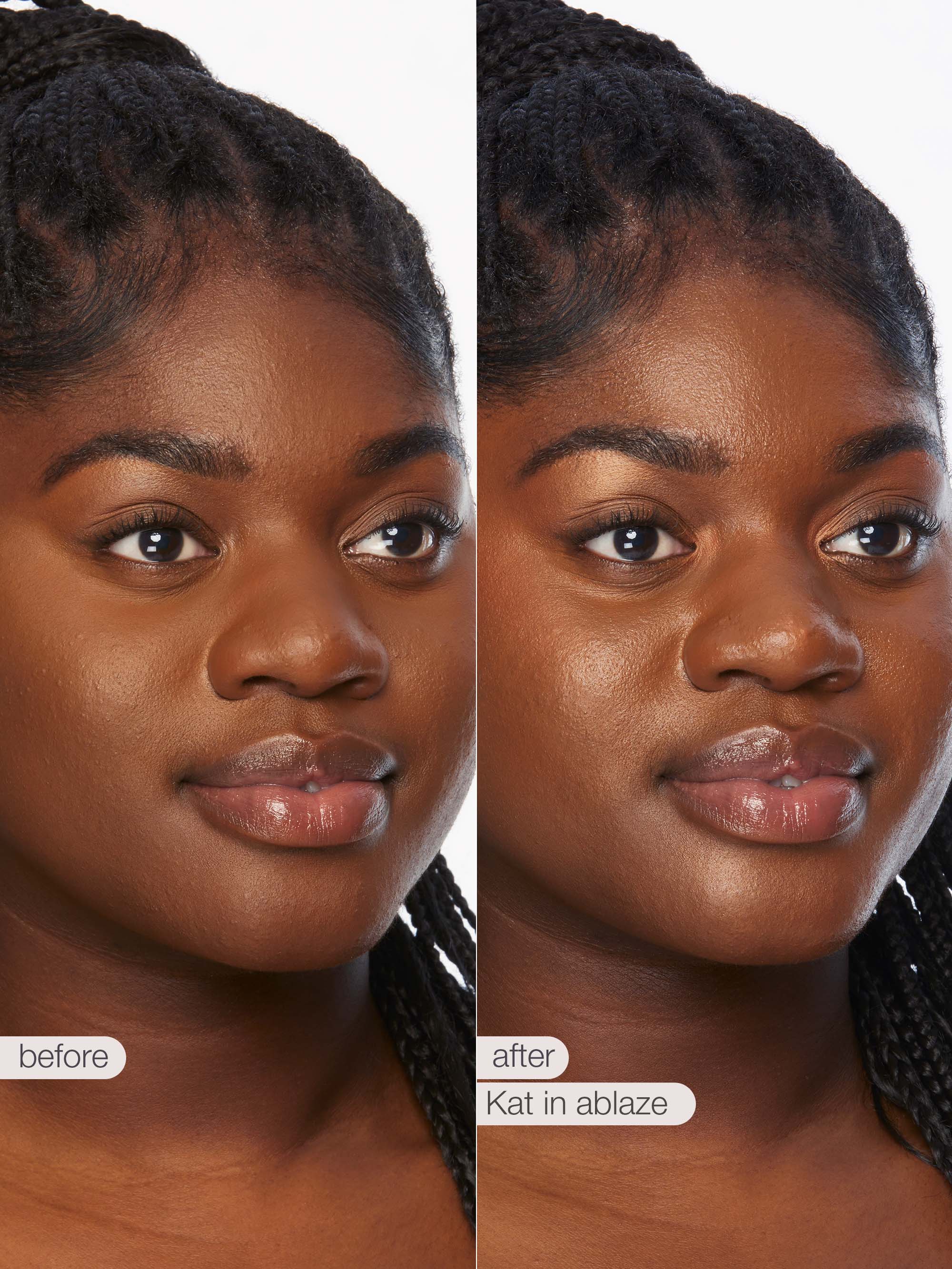 Before and after comparison of a woman's face with 'Kat in ablaze' product application.