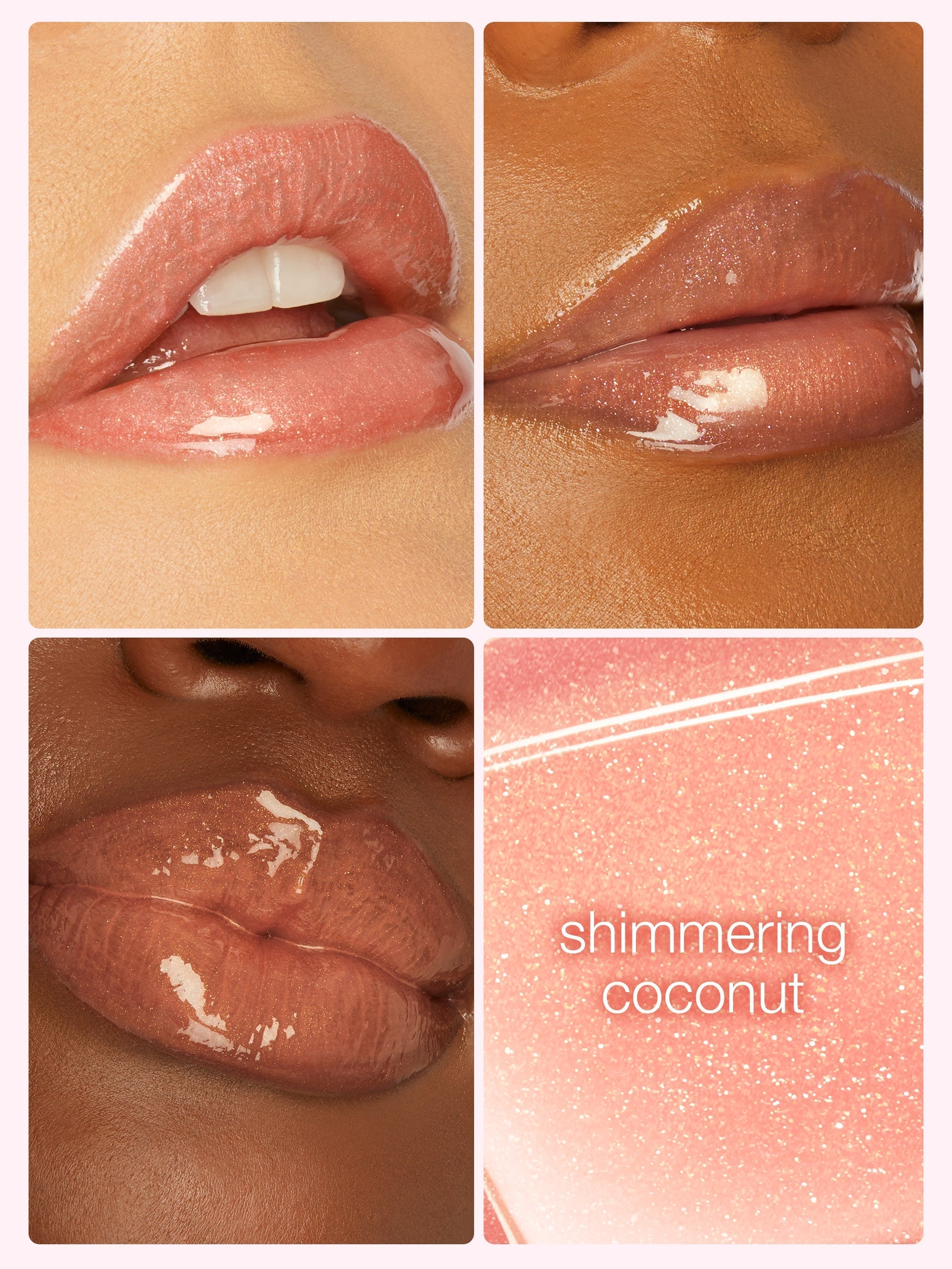 Collage of lips with a lip gloss labeled 'shimmering coconut' on a beige background.