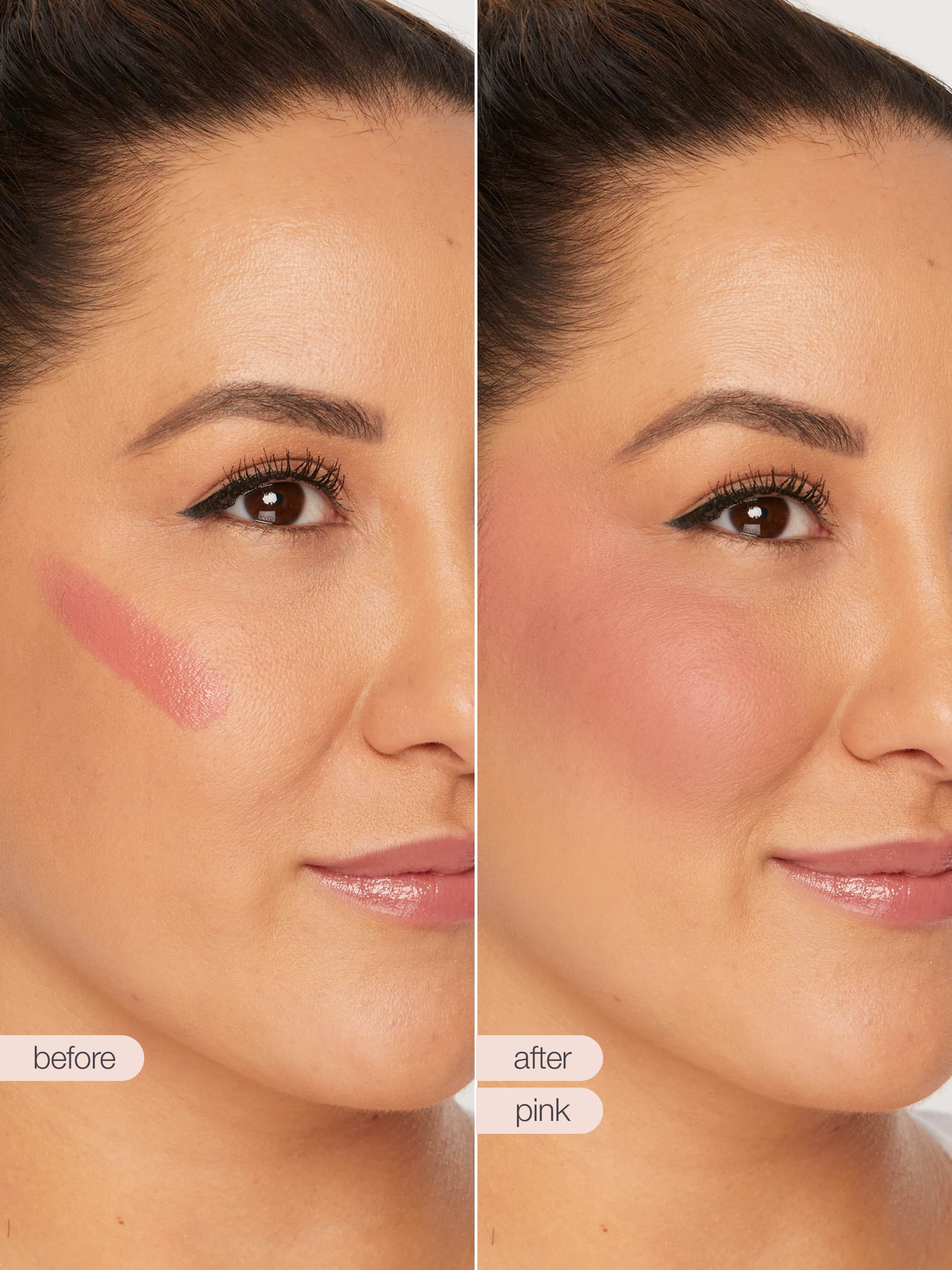 Before and after comparison of a woman's face with maneater blush stick application.