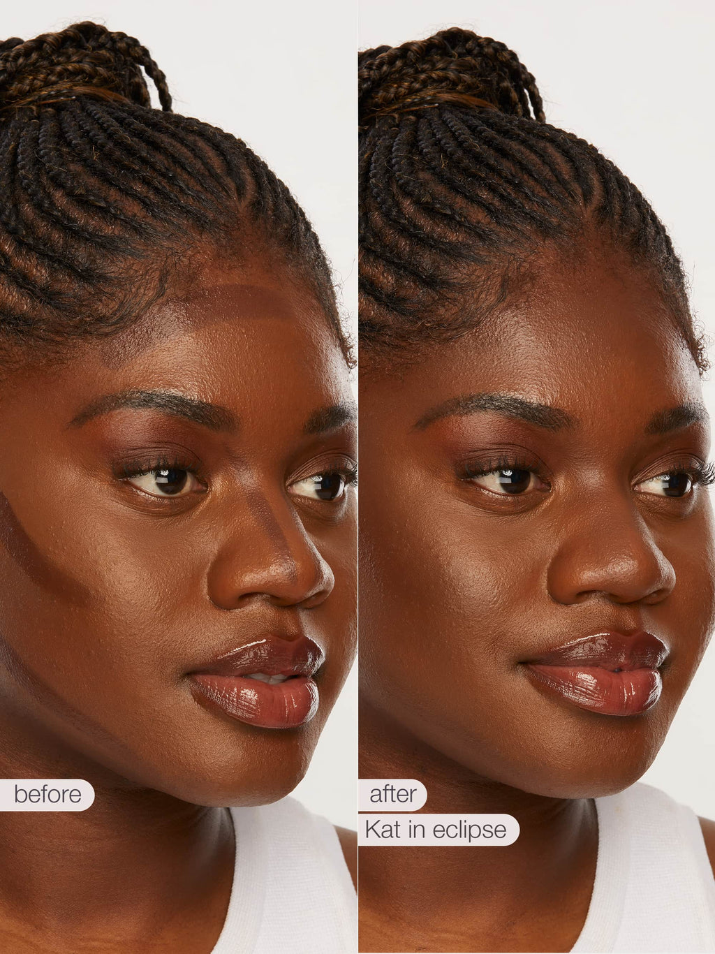 Before and after comparison of a woman's face with 'Kat in Eclipse' maneater silk stick bronzer