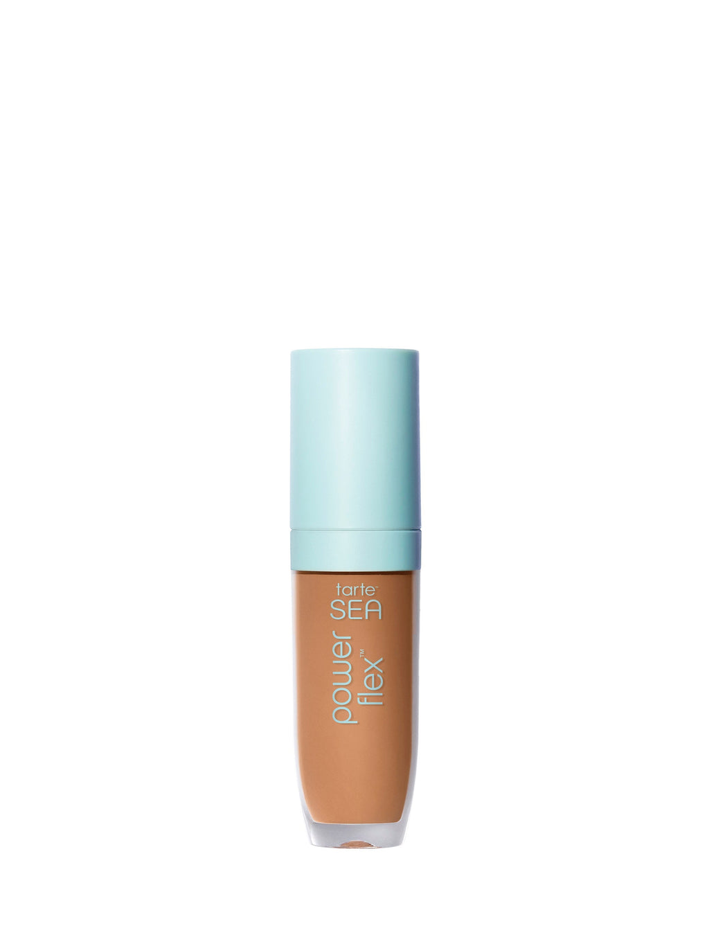 Foundation bottle with a light blue cap on a white background