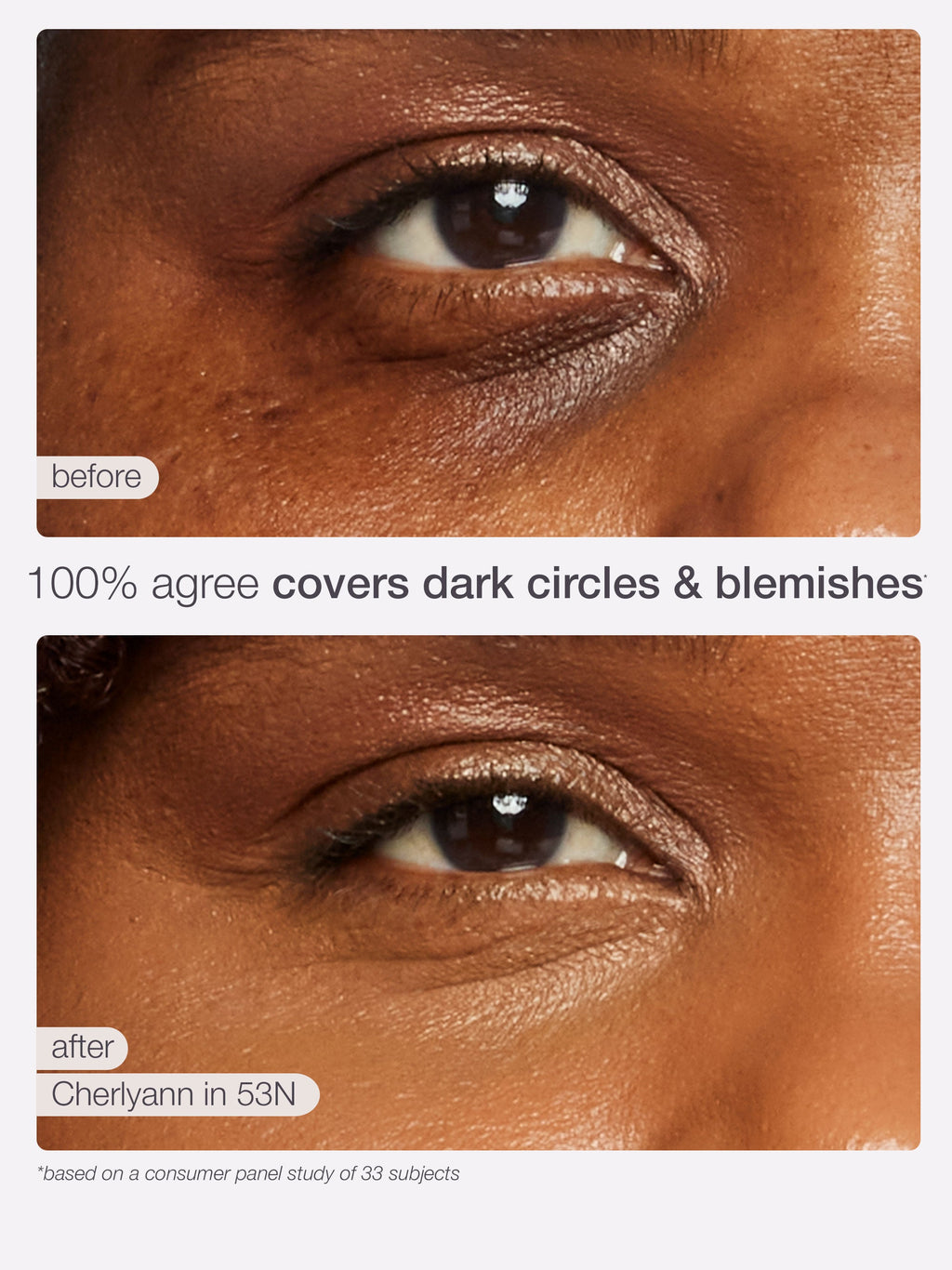 Before and after comparison of eye area with concealer application on dark skin.