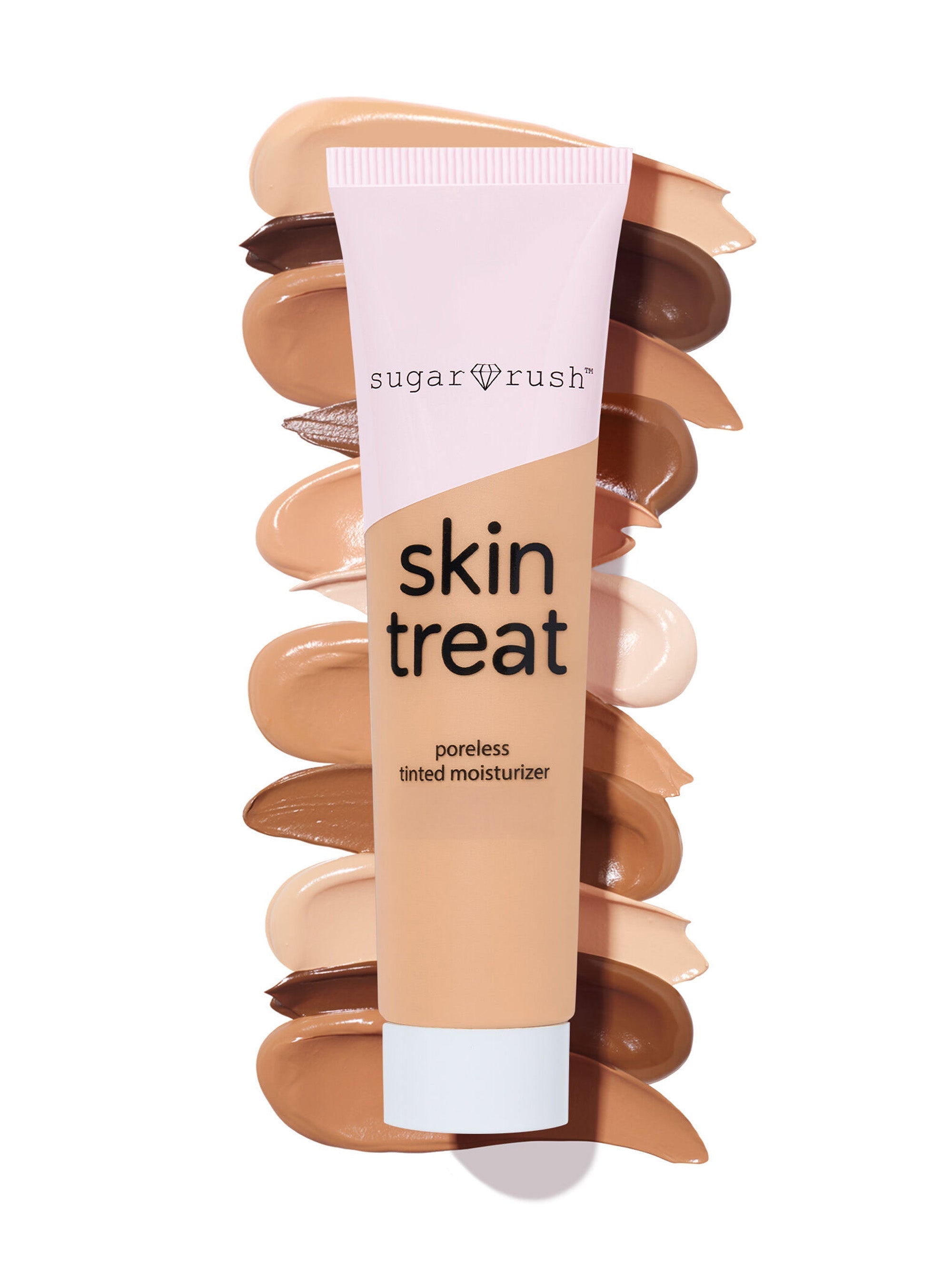 Tube of 'sugar rush skin treat' moisturizer with color swatches on a white background