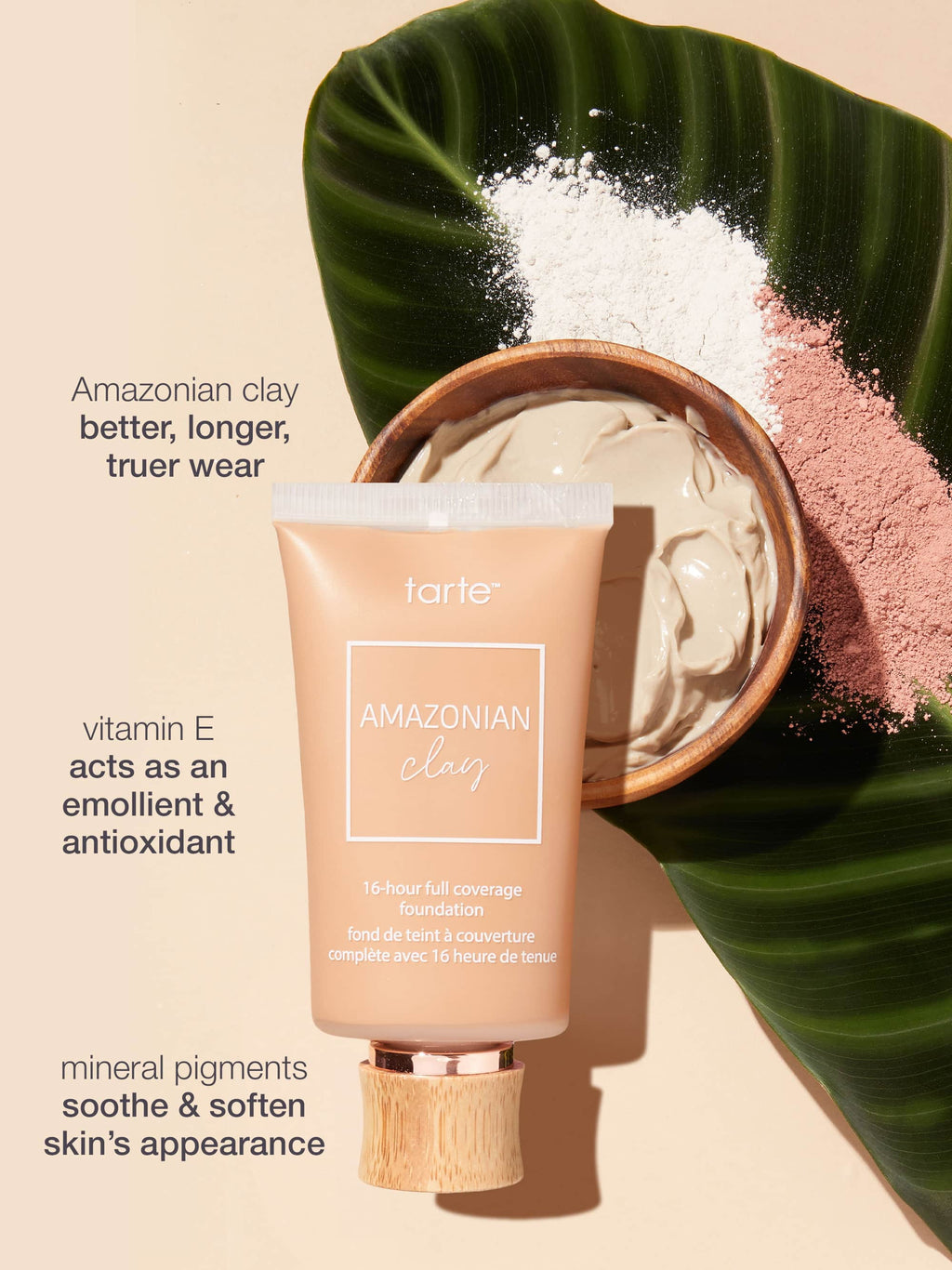Tarte Amazonian Clay makeup product with ingredients on a leaf
