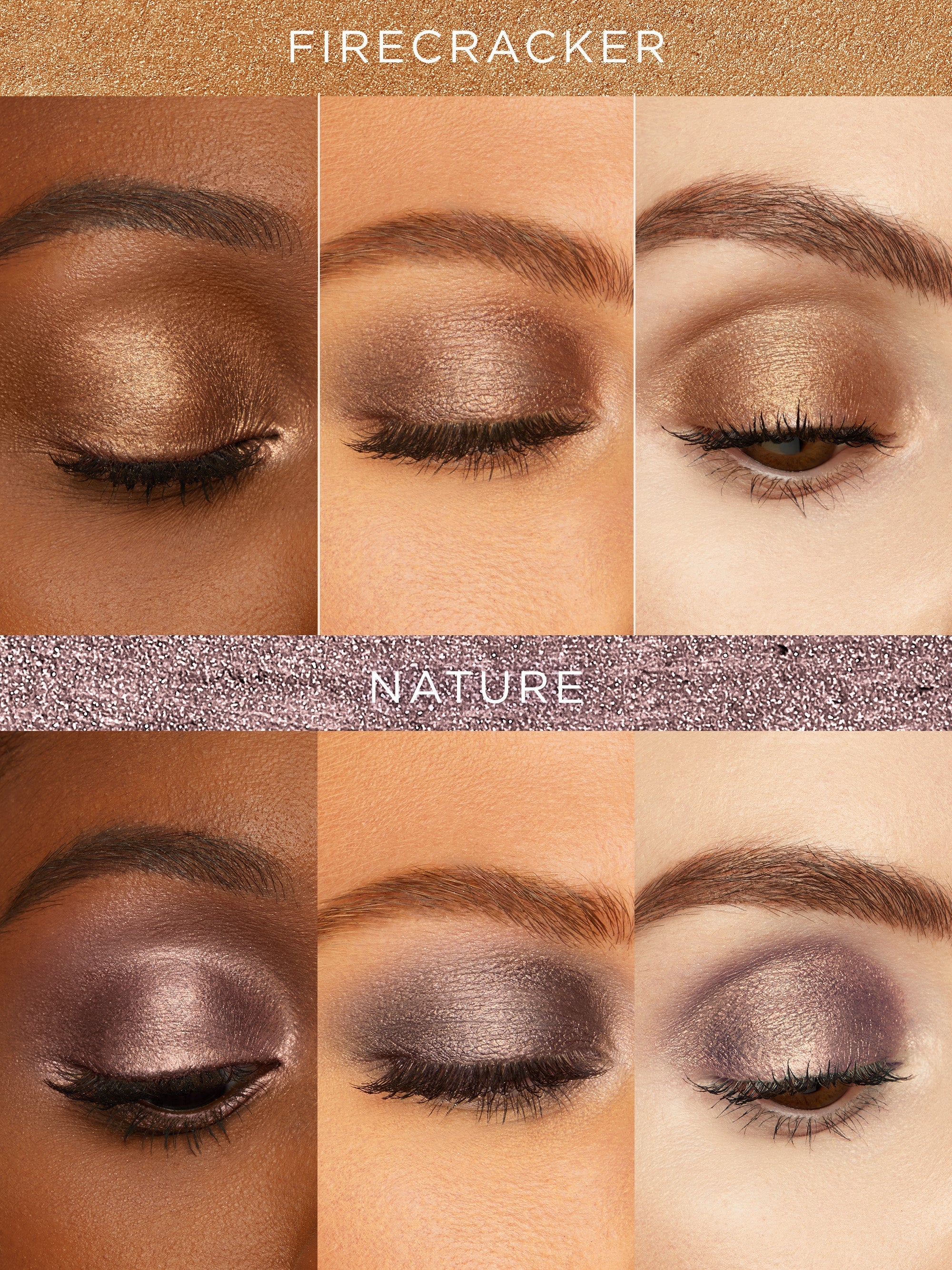 Eye makeup swatches labeled 'Firecracker' and 'Nature' on a brown background.
