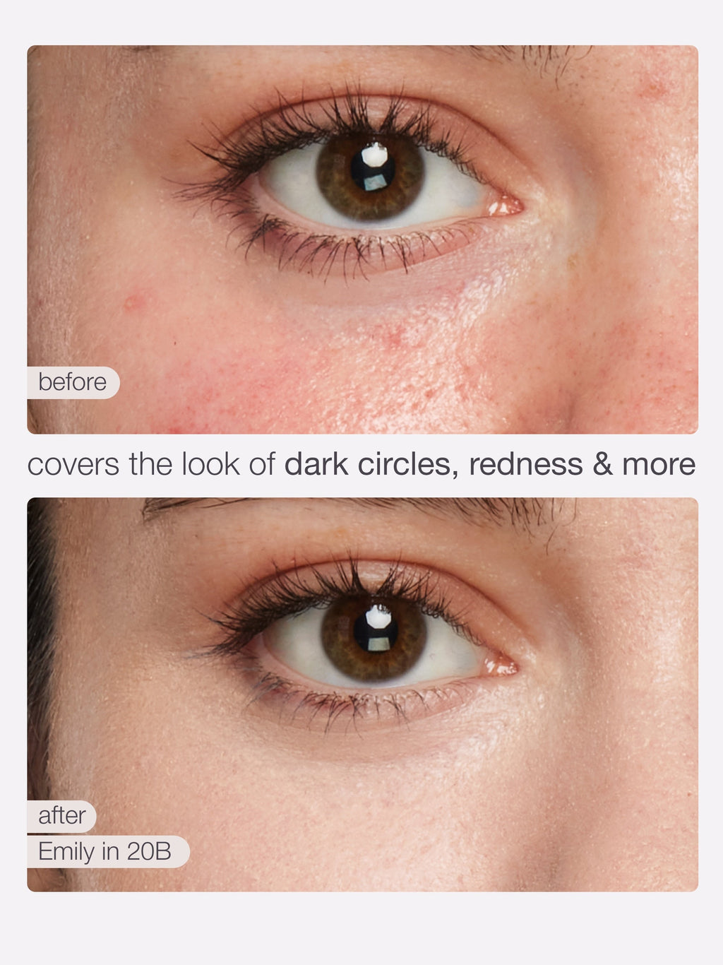 Two close-up images of an eye illustrate a makeup transformation. The top image shows natural skin with texture, while the bottom image features smoother, even skin tone. Text reads: before, after: shape tape (22B), covers the look of dark circles, redness & more.
