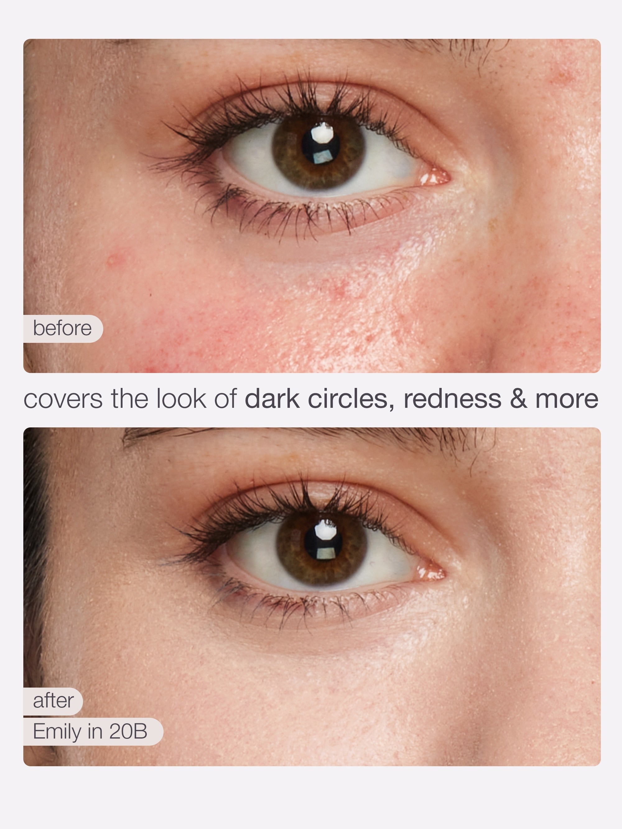 Two close-up images of an eye illustrate a makeup transformation. The top image shows natural skin with texture, while the bottom image features smoother, even skin tone. Text reads: before, after: shape tape (22B), covers the look of dark circles, redness & more.
