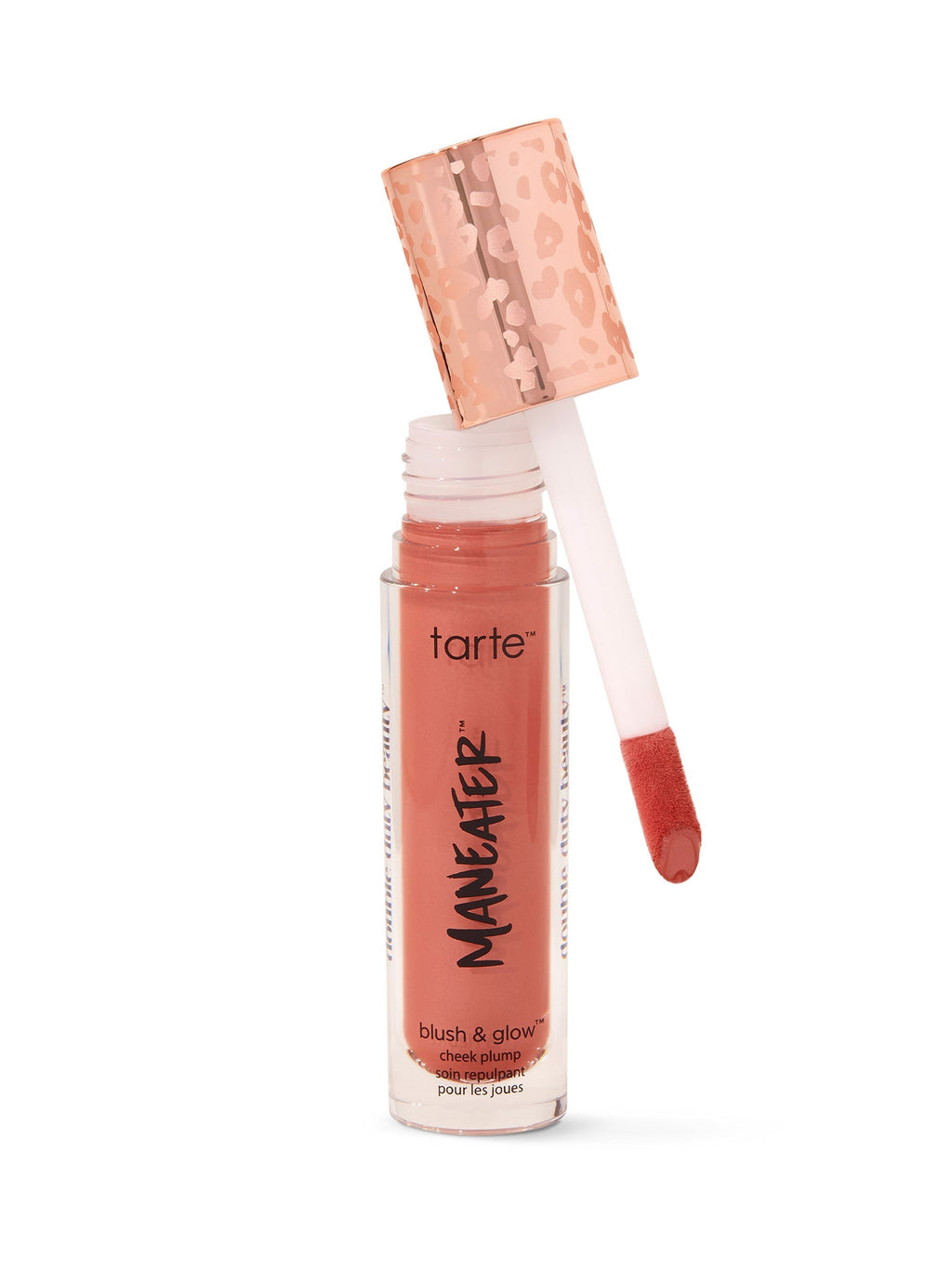 Tarte Maneater blush & glow lip gloss with rose gold cap on white background