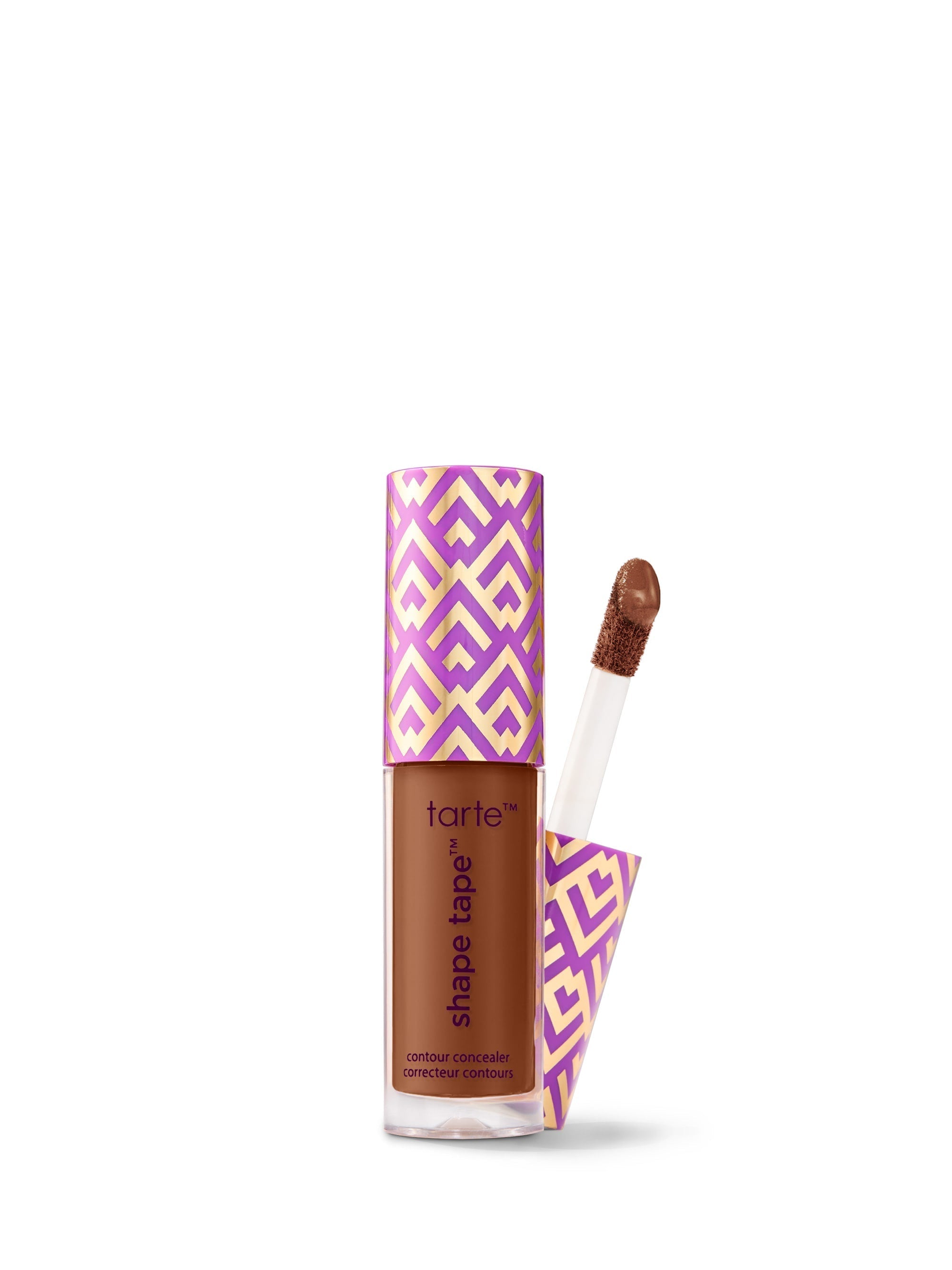 Tarte Shape Tape product with purple and pink geometric design on a white background