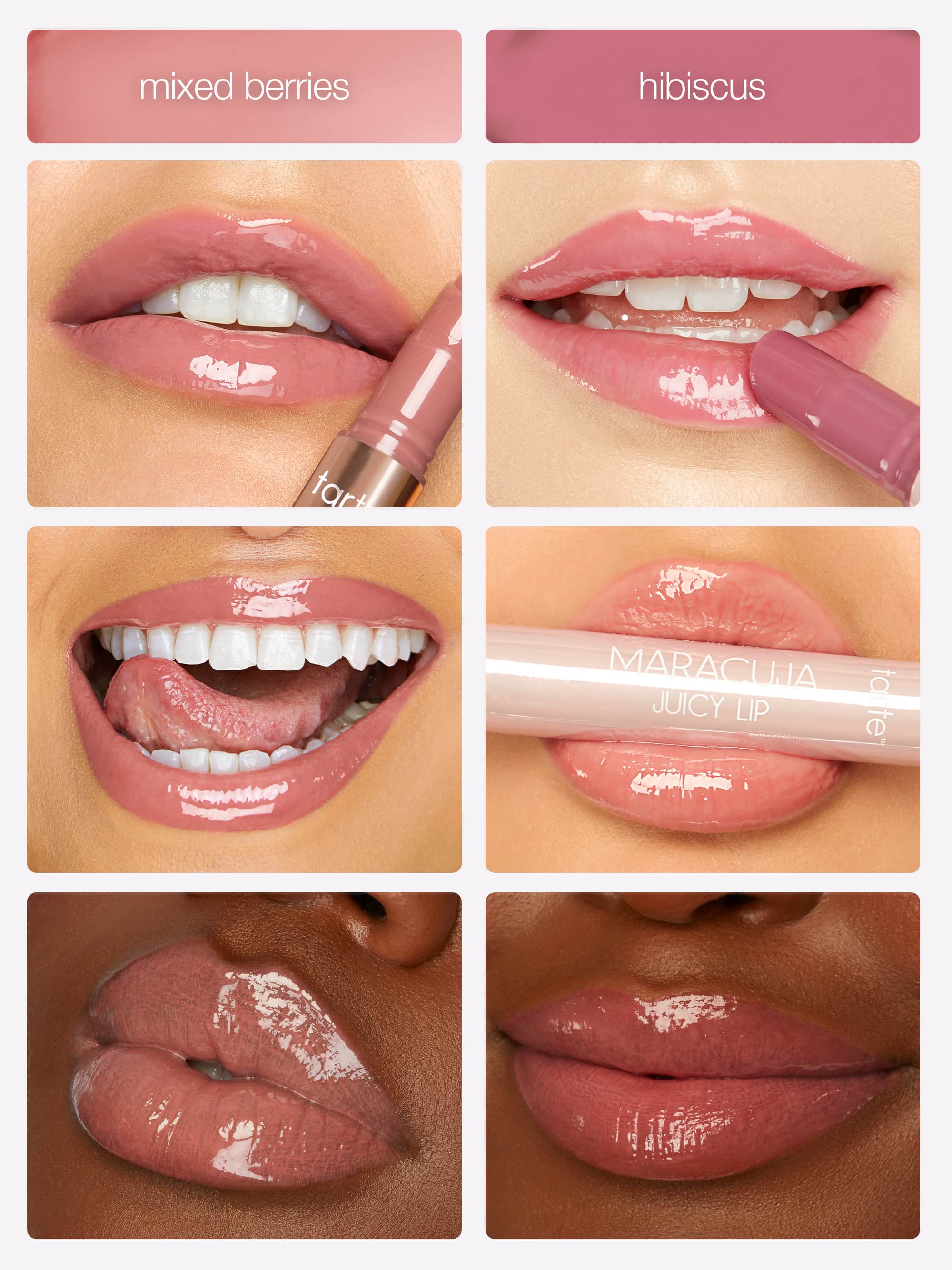 Collage of lip swatches withmaracuja juicy lip liner, maracuja juicy lip plump, maracuja juicy lip labeled 'mixed berries' and 'hibiscus'.