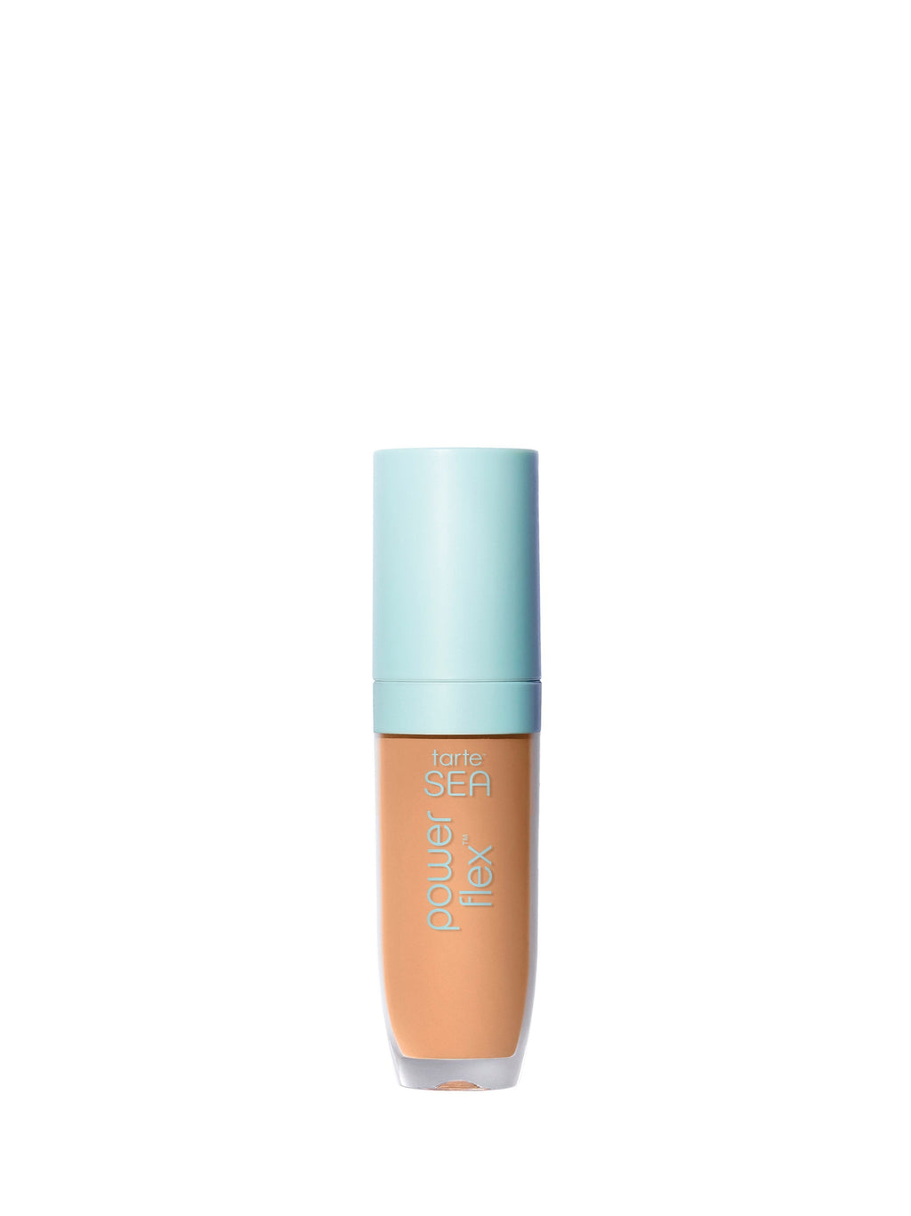 Foundation bottle with light blue cap on a white background