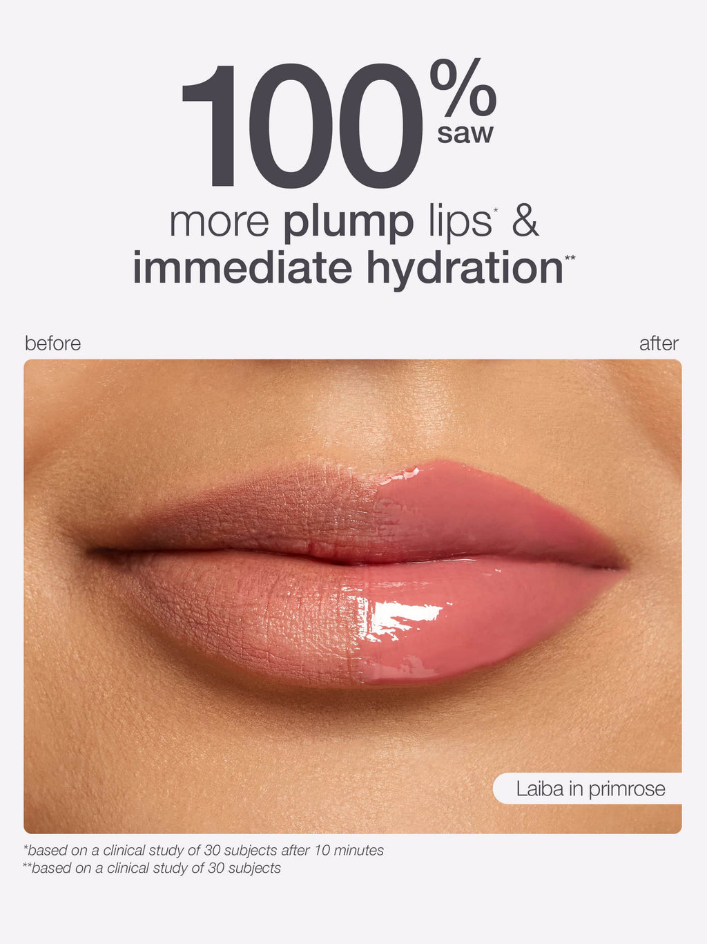 tarte maracuja juicy lip plump advertisement showing a close-up of lips with '100% saw' text claiming plump lips and immediate hydration.