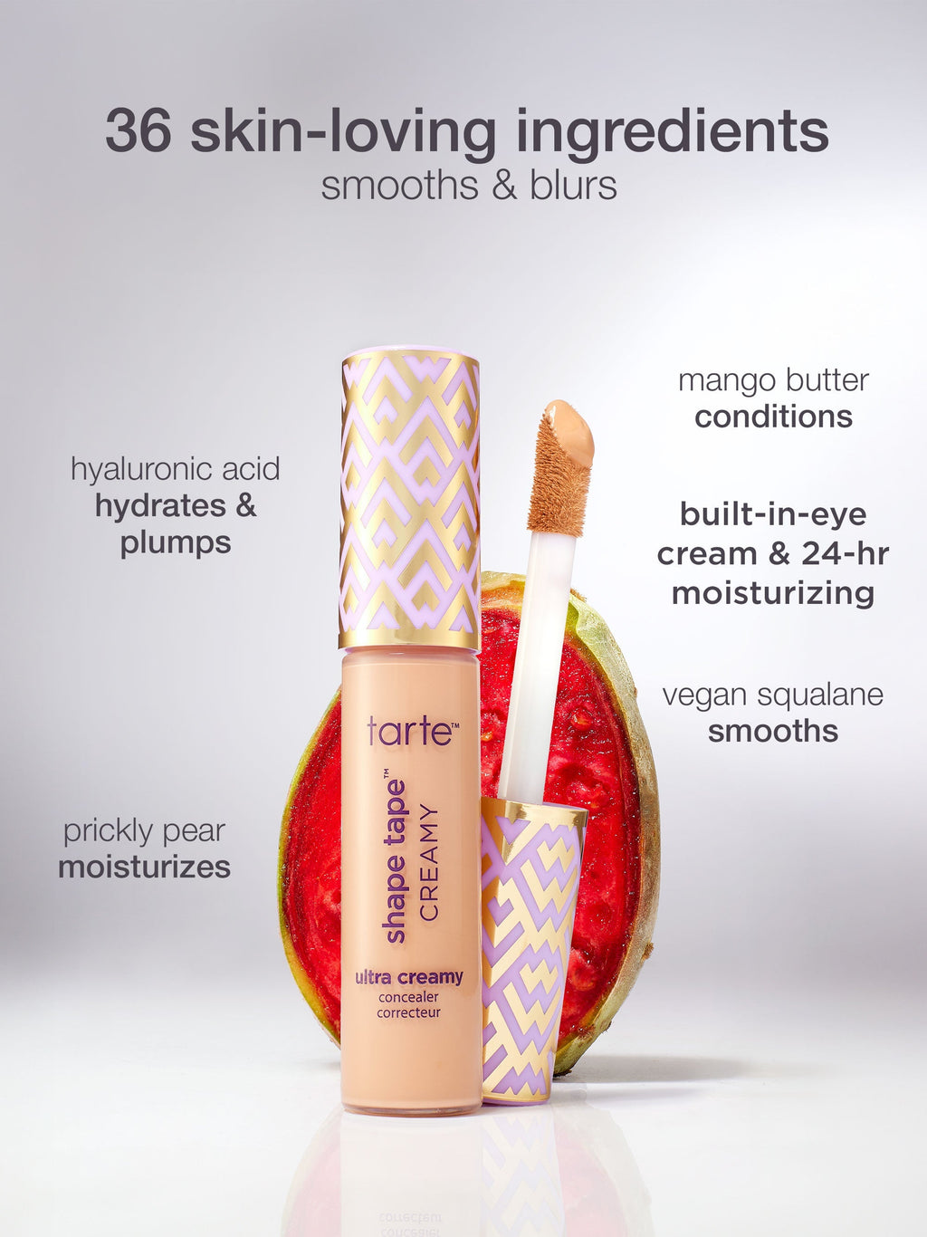 Tarte shape tape cream product with packaging and text highlighting features on a light gray background