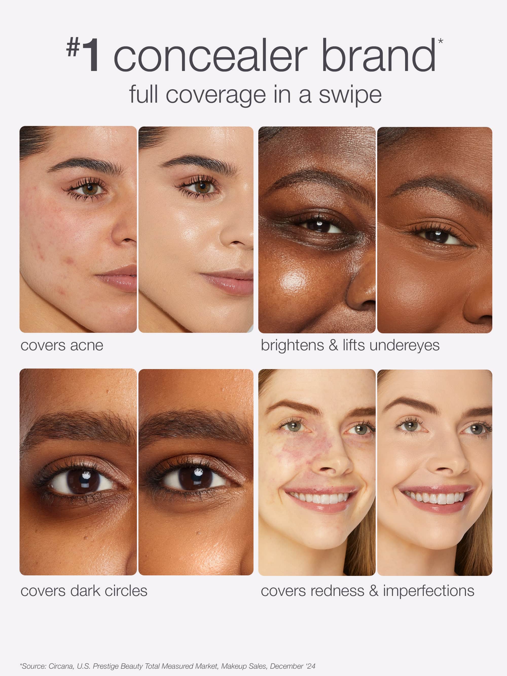 Advertisement for a tarte shape tape concealer brand with before-and-after effects on skin.