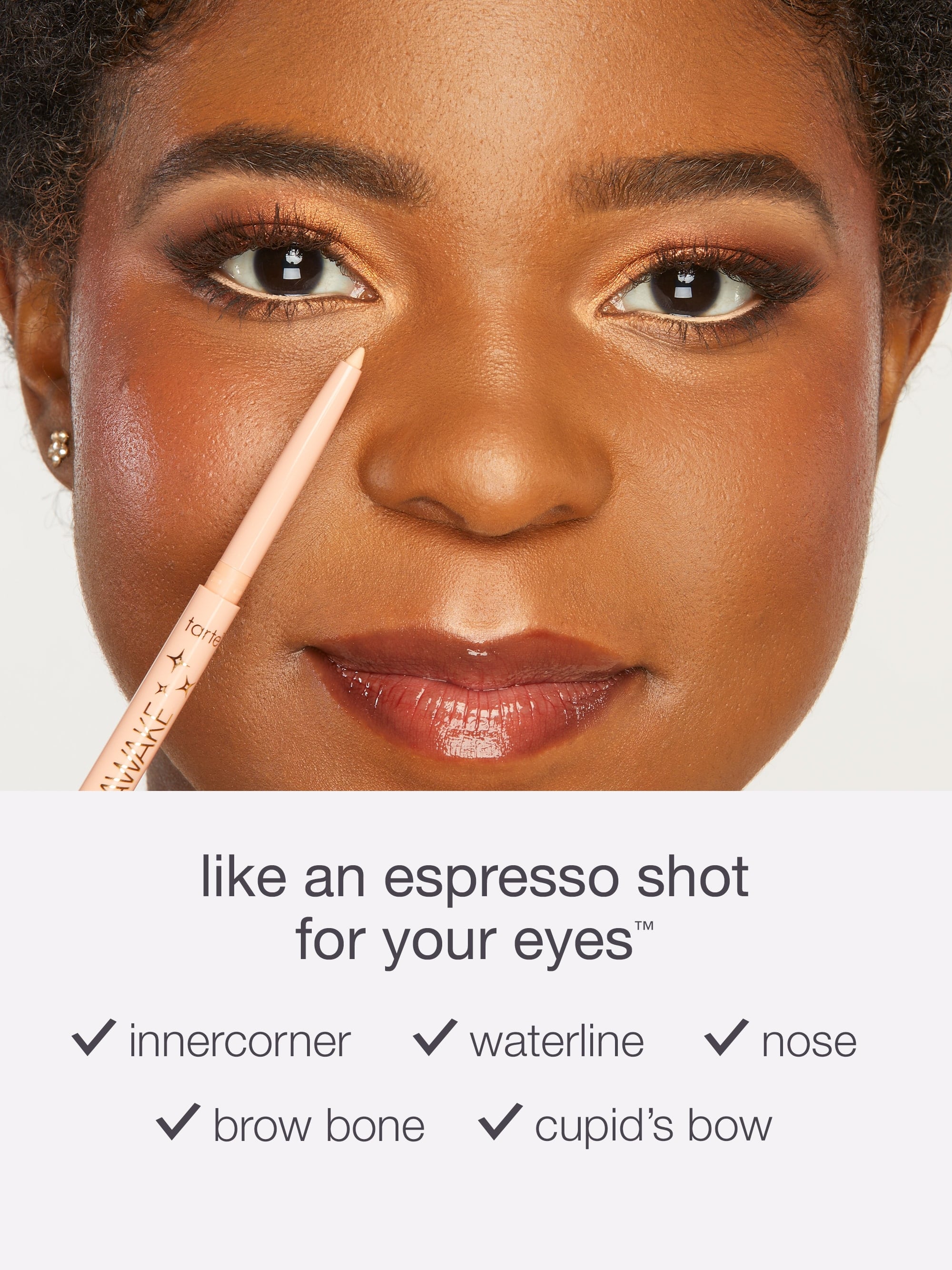Close-up of a woman's face with makeup product and text on a white background