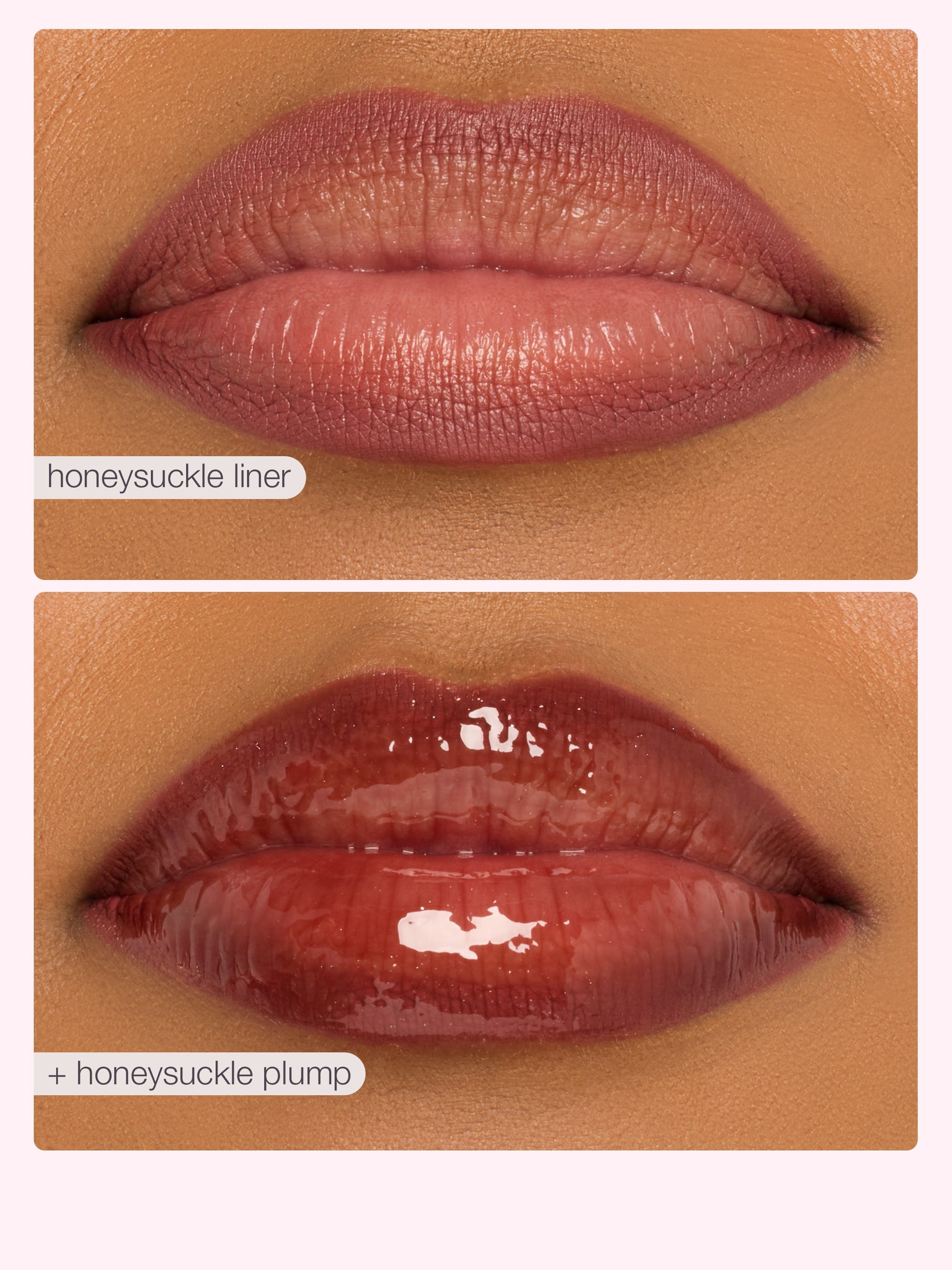 Two close-up images of lips with 'honeysuckle liner' and 'honesysuckle plump' makeup on a beige background.