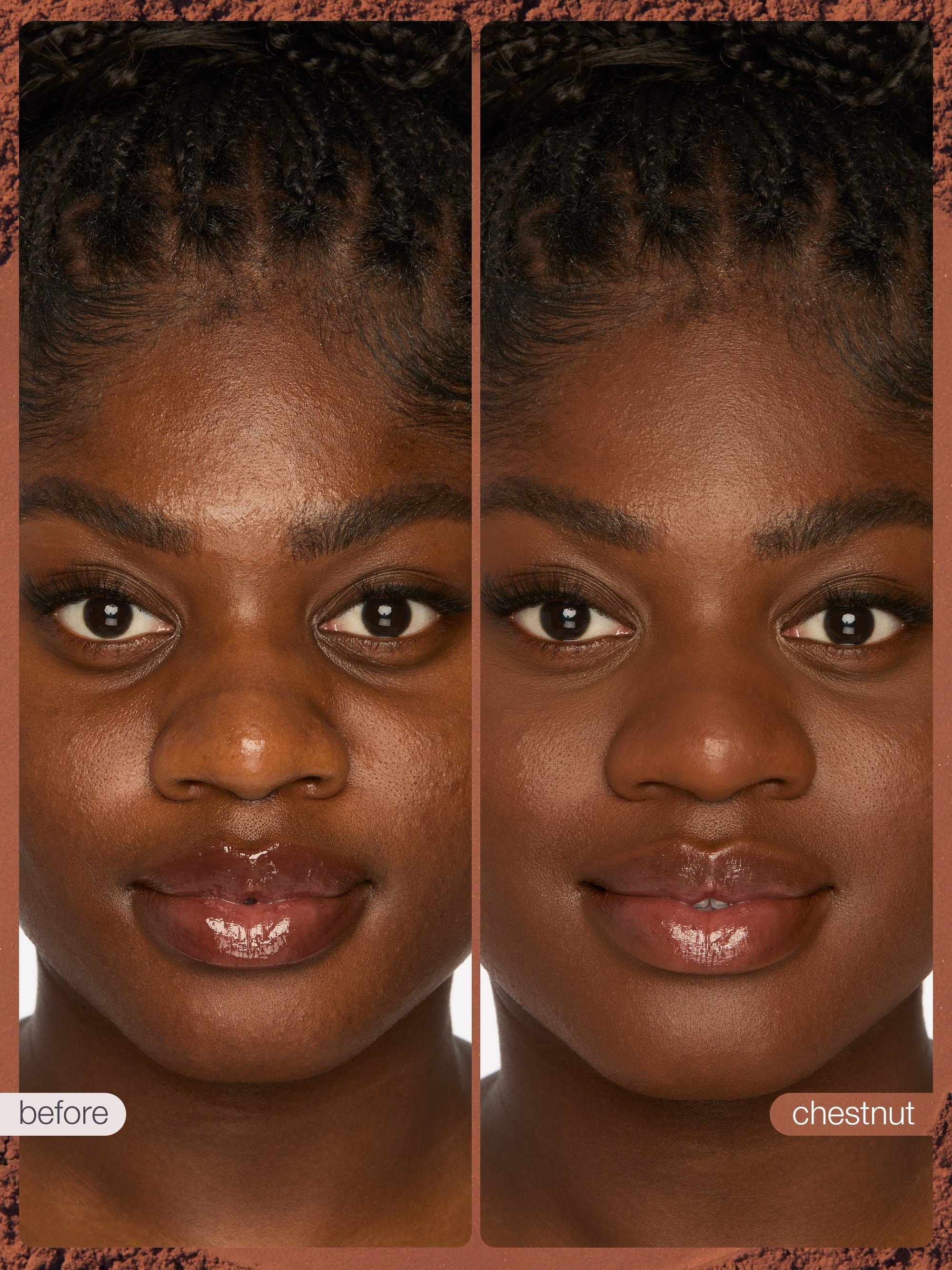 Side-by-side comparison of a person's face with 'before' and 'chestnut' labels.