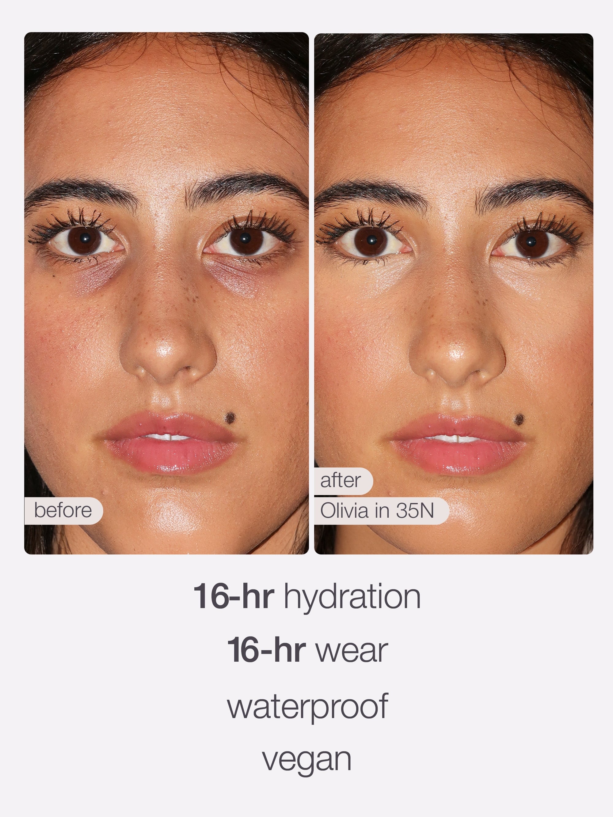 A woman's face before and after Tarte Cosmetics application, highlighting smoother skin and even tone. Text: before, after Olivia in 35N, 16-hr hydration, 16-hr wear, waterproof, vegan.