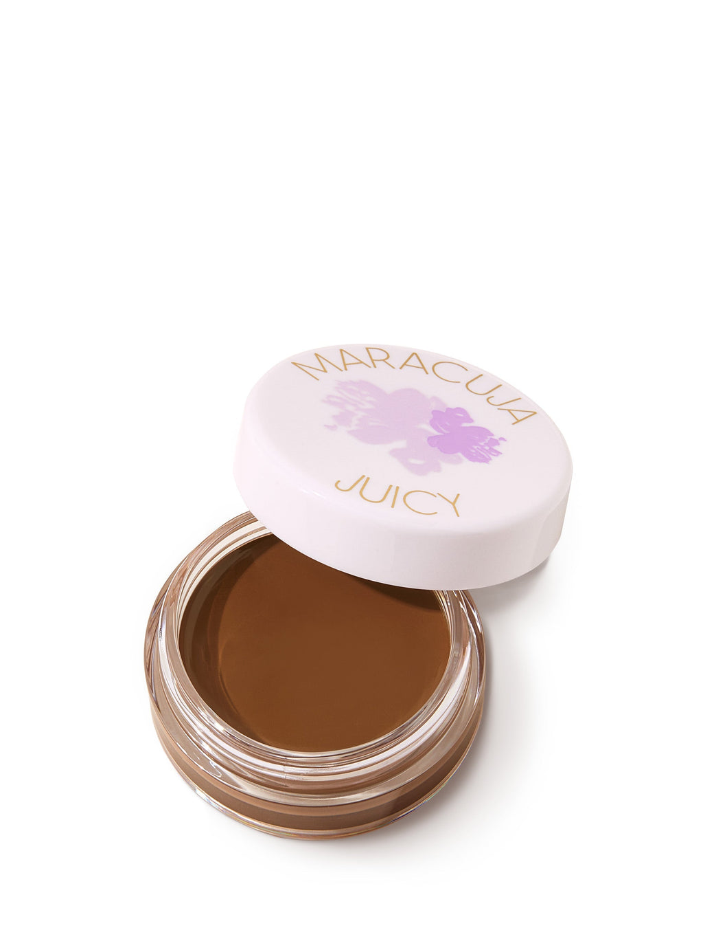 Open jar of brown cream with 'Maracuja Juicy' lid on a white background