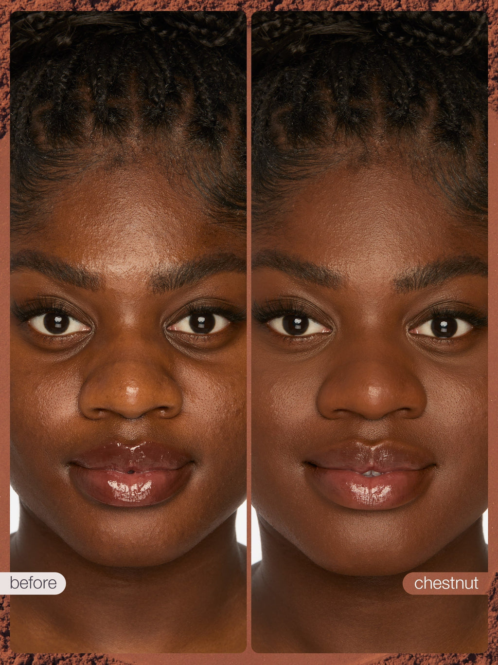 Before and after comparison of a person's face with chestnut color on a white background.