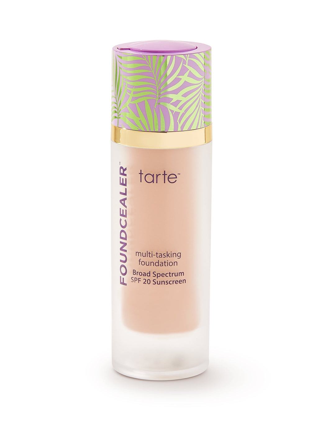 Tarte foundation bottle with colorful cap on a white background