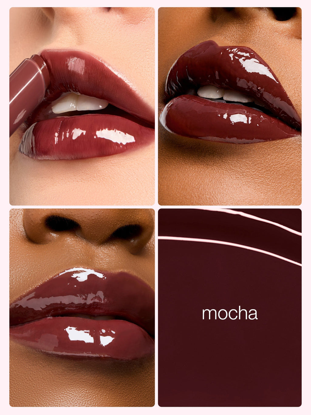 Collage of a person wearing a dark brown lipstick with close-up shots and a color swatch labeled 'mocha'.