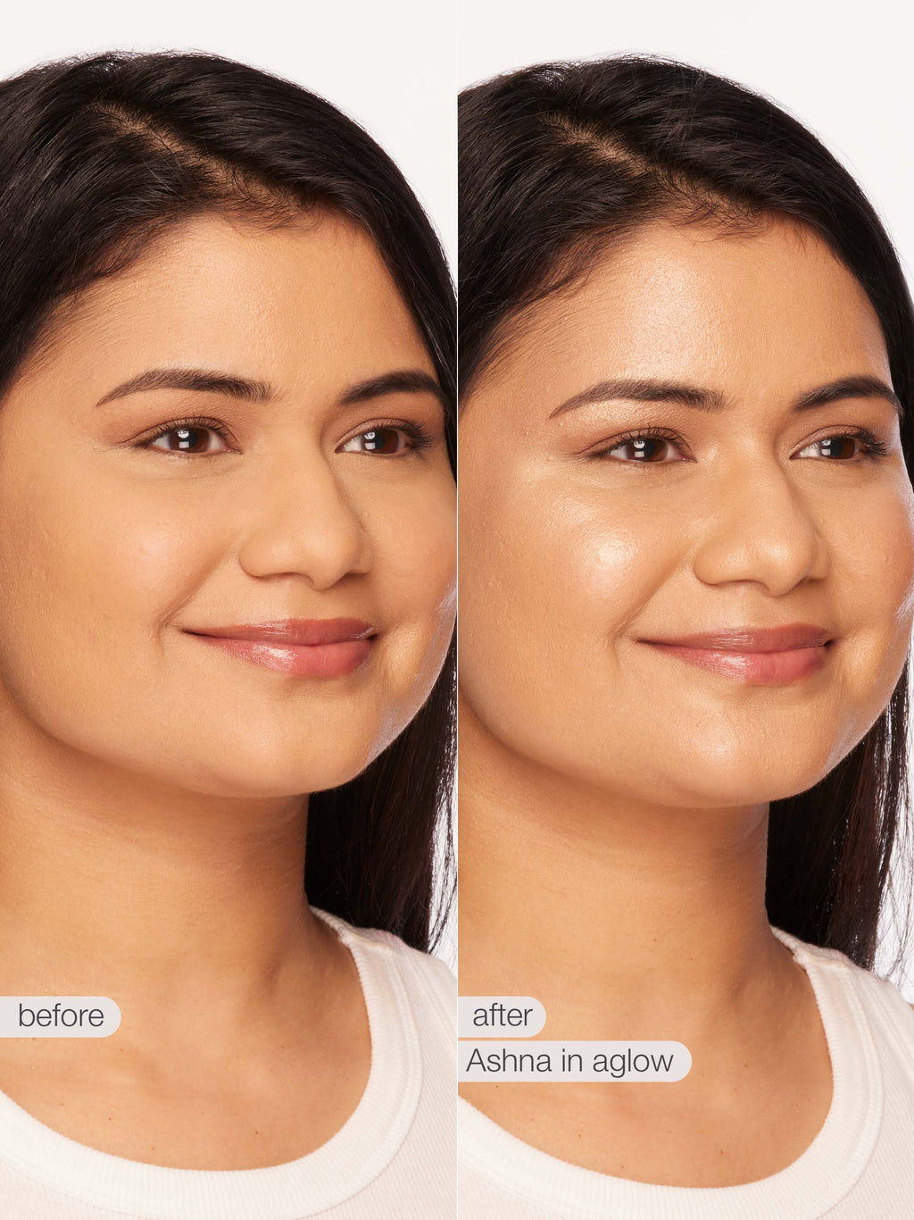 Before and after comparison of a woman's face with 'Asha in aglow' product application.
