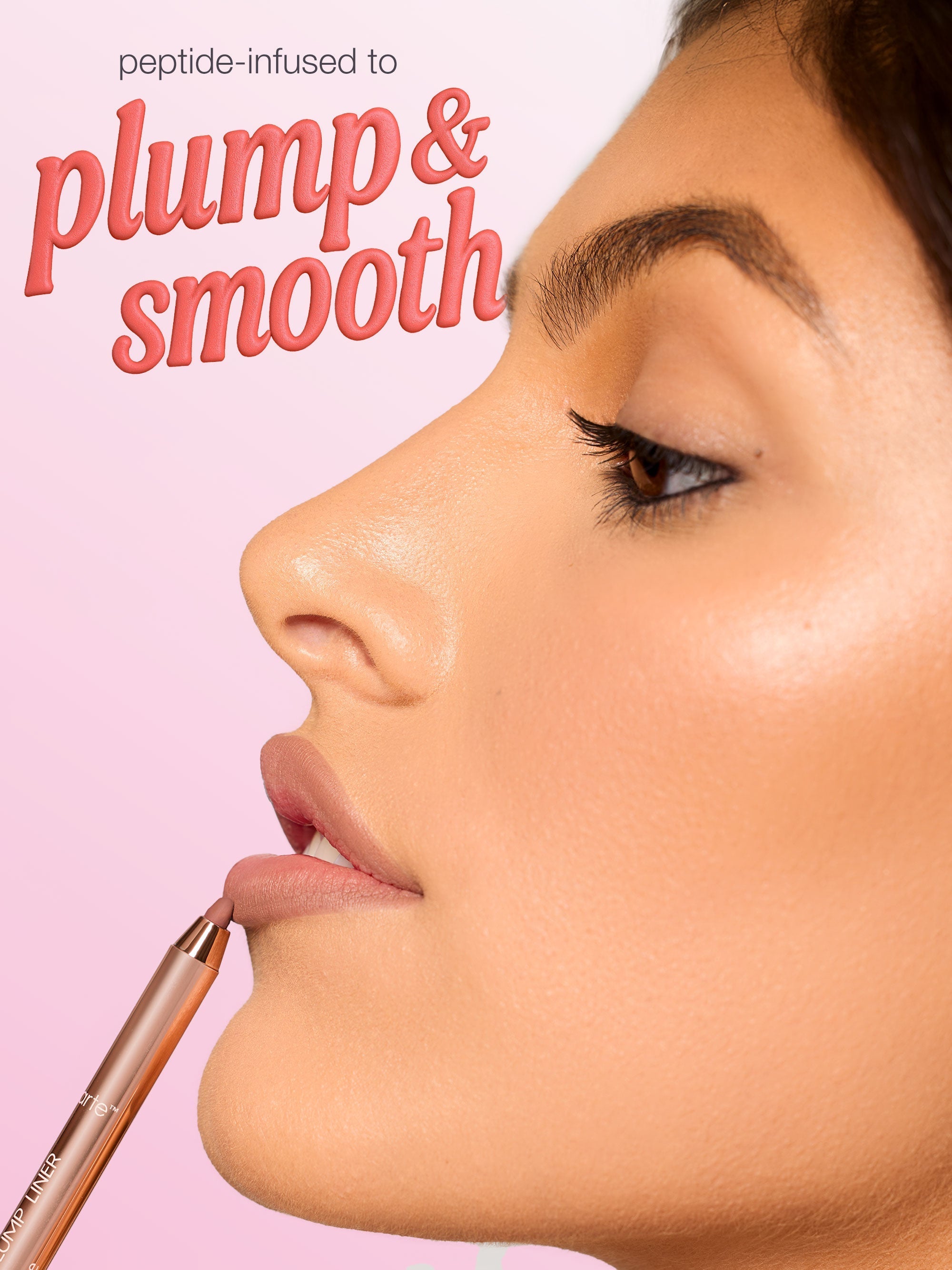 Close-up profile of a woman's lips as a Tarte lip pencil outlines them, applying liner against a soft pink background. Text: peptide-infused to plump & smooth