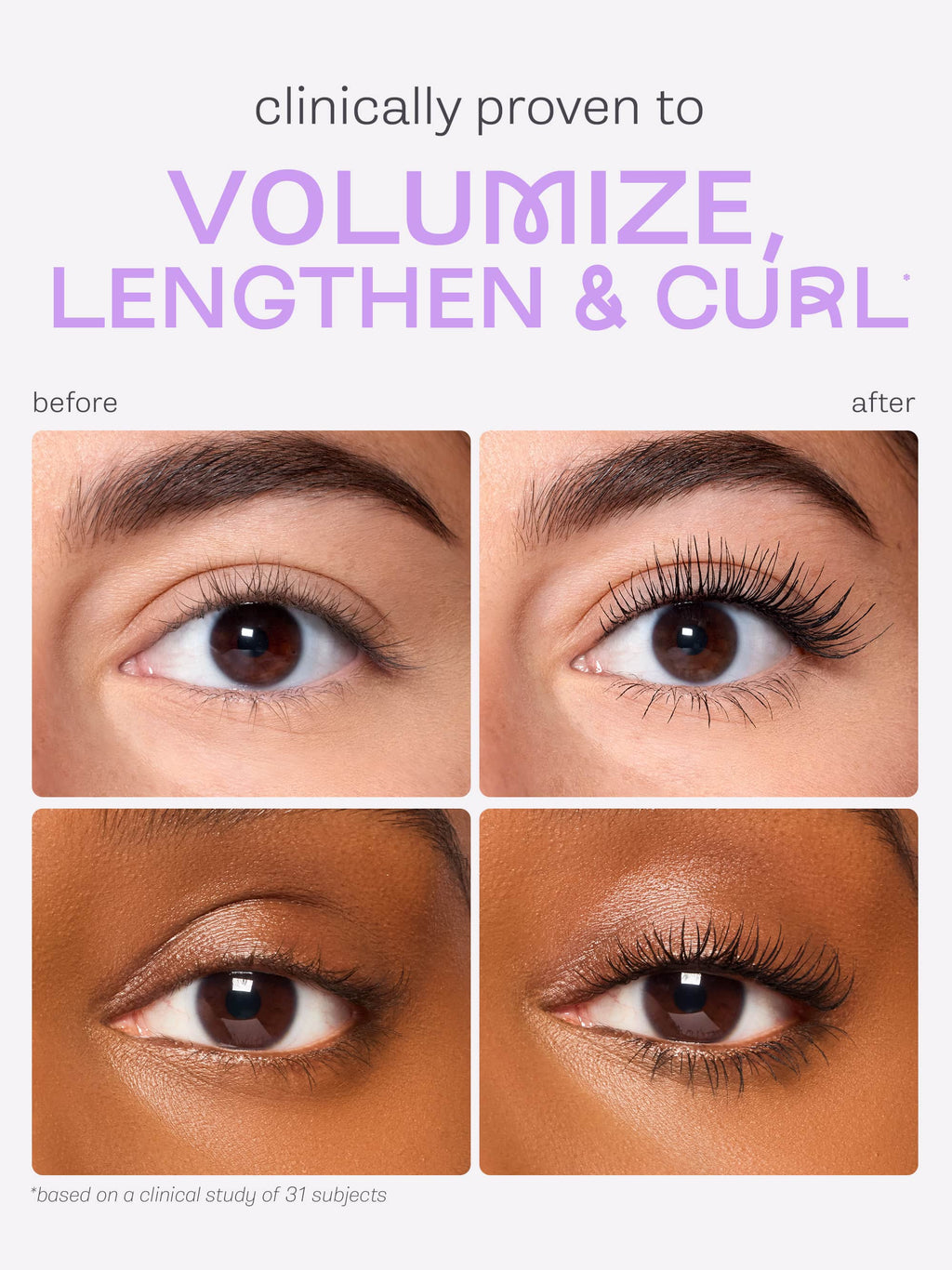 Before and after comparison of eyelashes with tartelette tubing mascara text 'Clinically proven to volumize, lengthen & curl'.