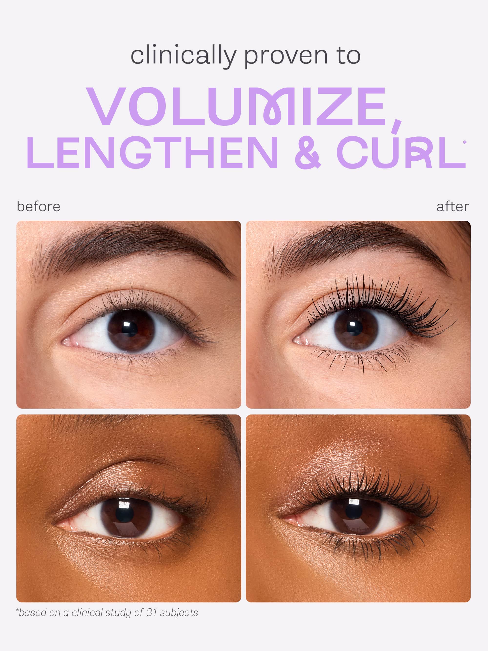 Before and after comparison of eyelashes with tartelette tubing mascara text 'Clinically proven to volumize, lengthen & curl'.
