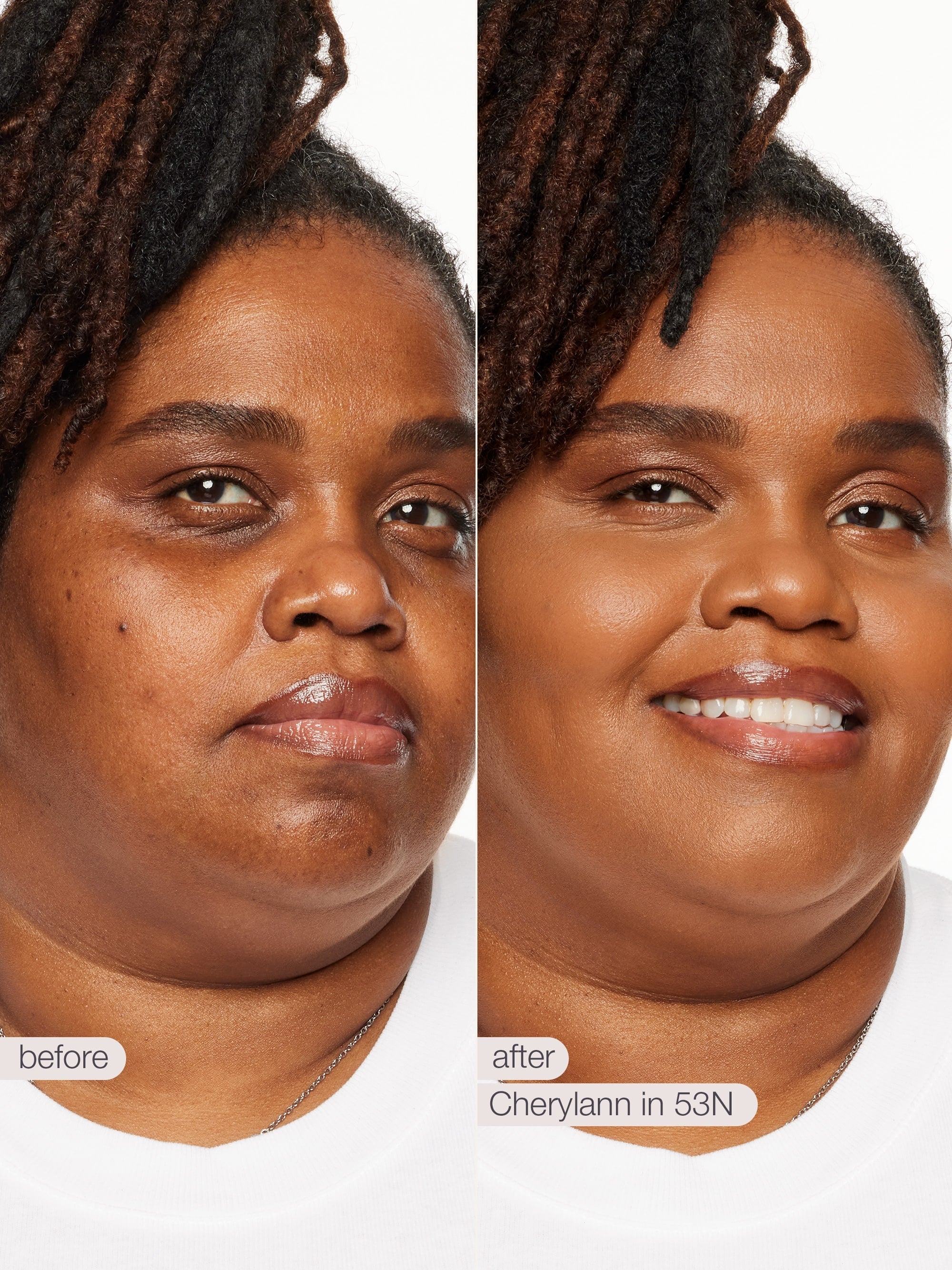 Before and after comparison of a person with text 'before' and 'after' and 'Cherylann in 53N'. using tarte shape tape concealer