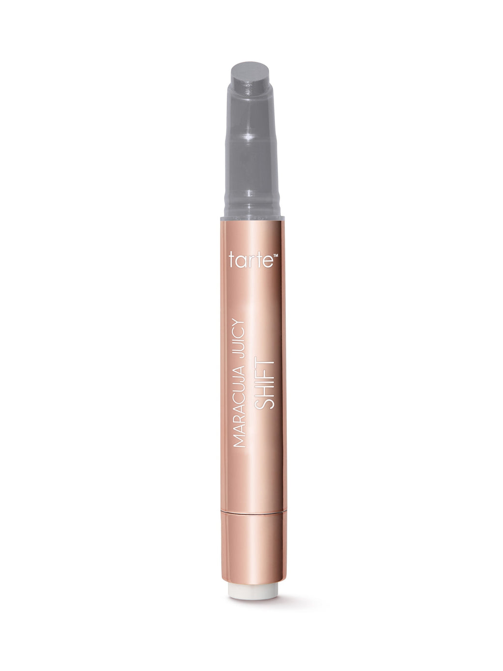 Rose gold lip product with 'tarte' branding on a white background