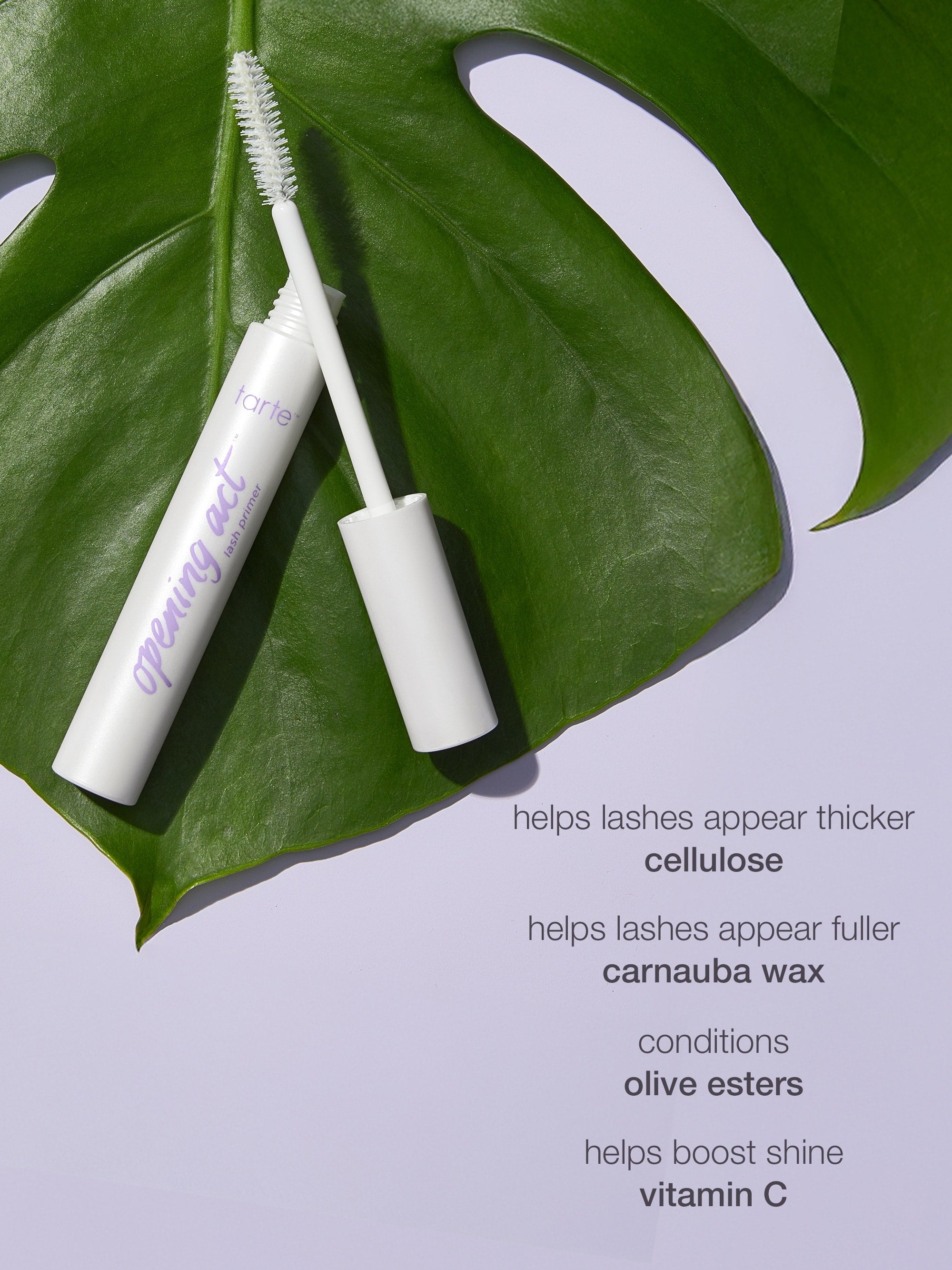 Mascara tube with brush on a green leaf against a light purple background