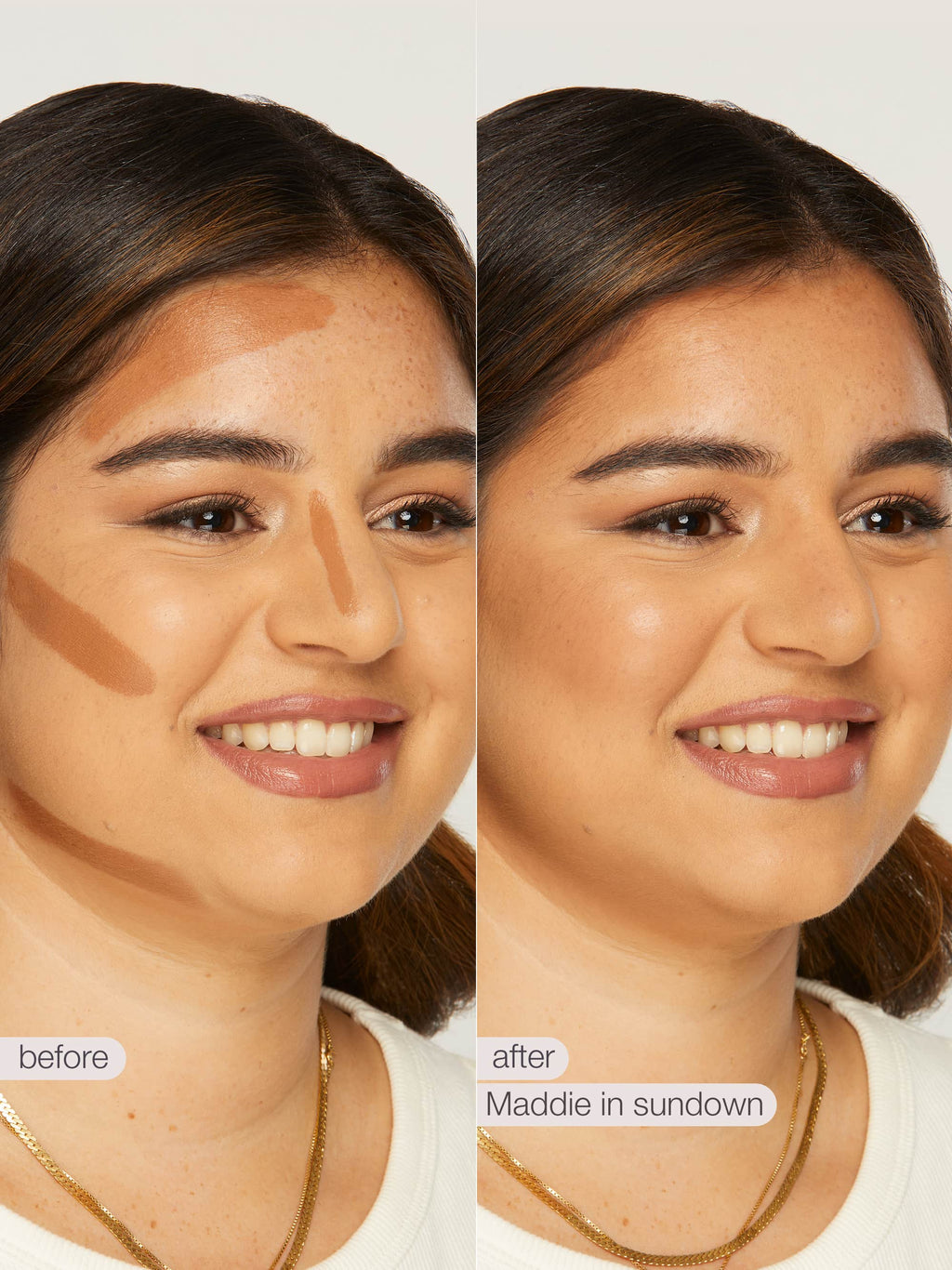 Before and after maneater silk stick bronzer application on a person's face with 'Maddie in sundown' text.