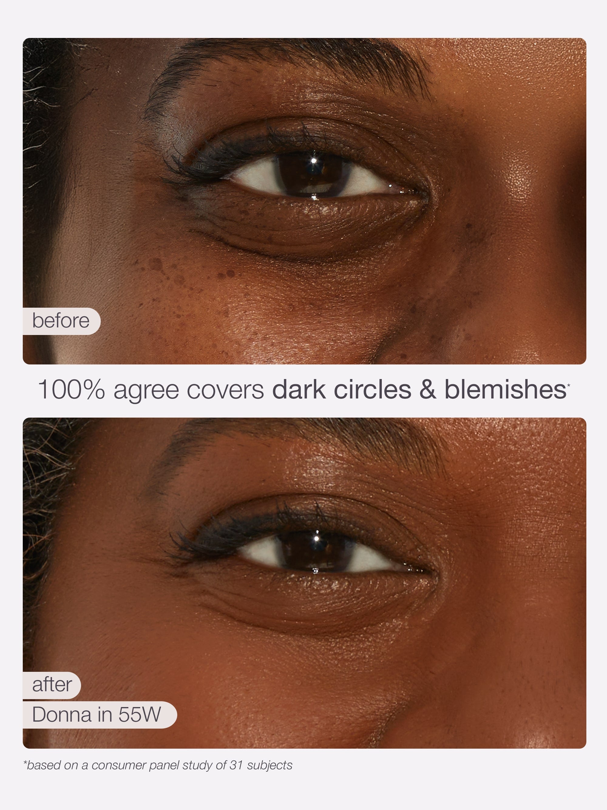 Before and after comparison of  tarte creaseless creamy concealer on a person's eyelid.